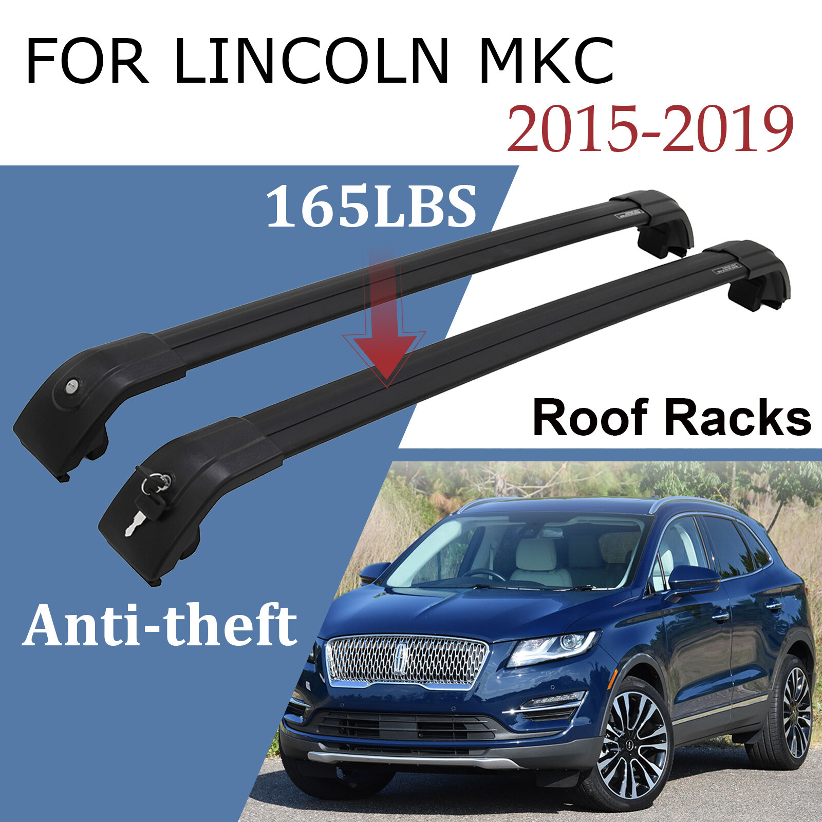 Adjustable Roof Racks Lockable For Lincoln MKC 2015-2019 Aluminum Cross Bars