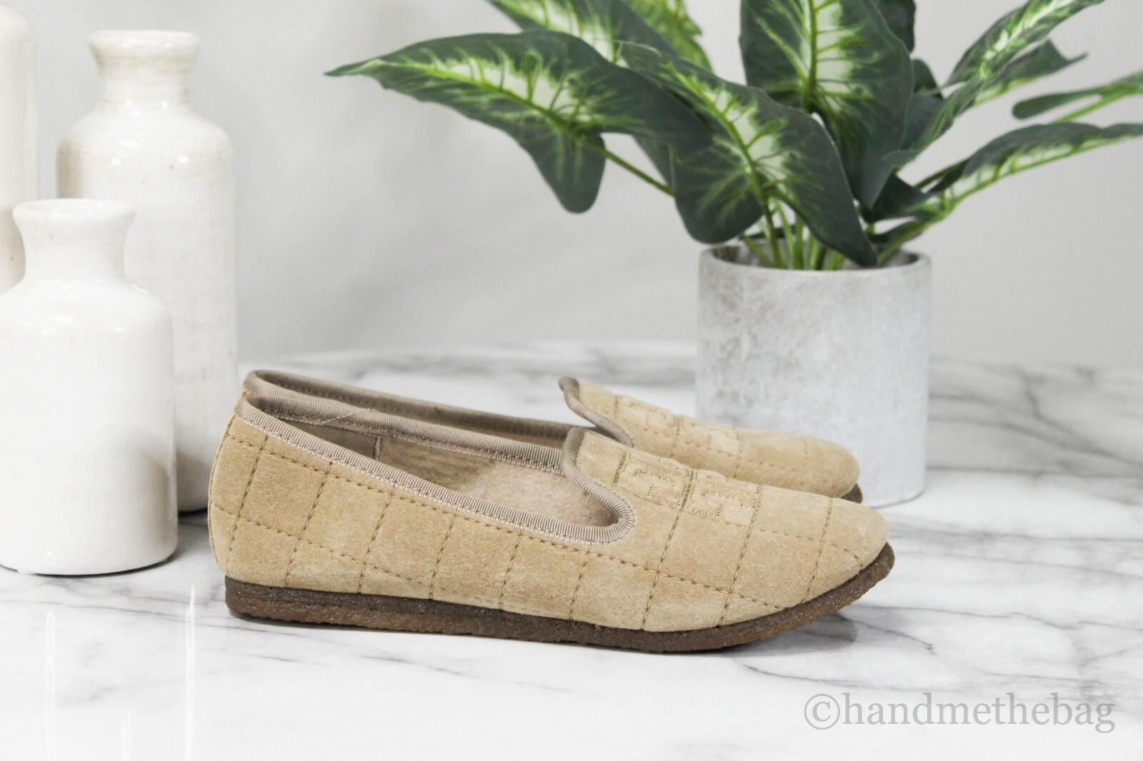 Tory Burch 52789 Cowley Slipper Camel Brown Deep Split Suede Slip On Shoes
