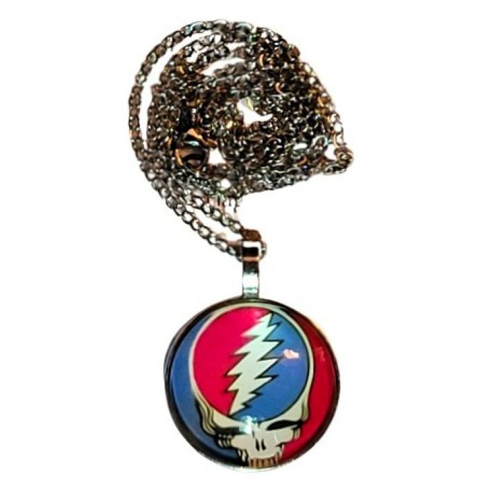 Grateful Dead Steal Your Face Silver Glass Photo Cabochon Pendant Charm Necklace