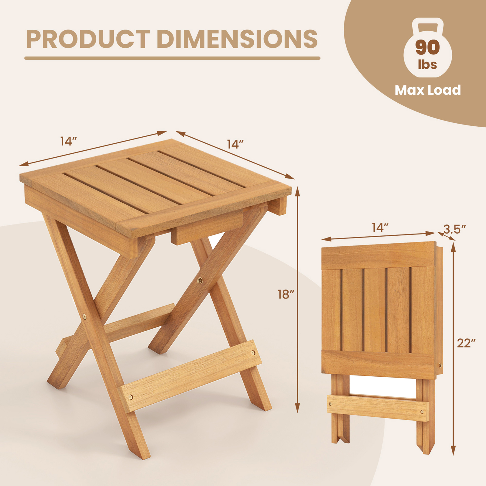 14 inch Outdoor Folding Side Table Hardwood Square Compact Patio Table