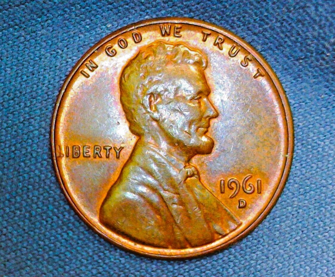 1961-D Lincoln Cent, Rainbow tone, Free Shipping to US