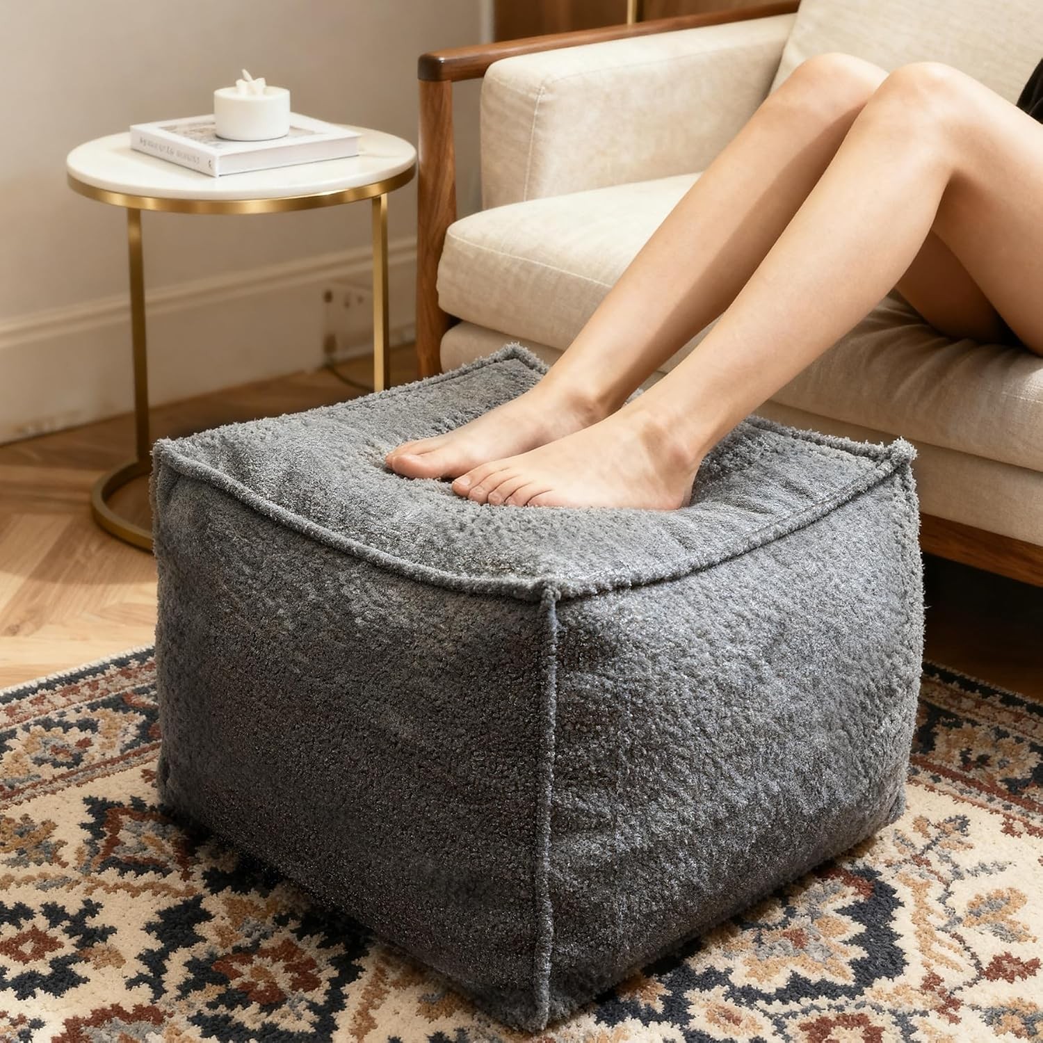 Square Boucle Pouf Ottoman Footrest Soft & Lightweight Footstool W/ Foam Filling