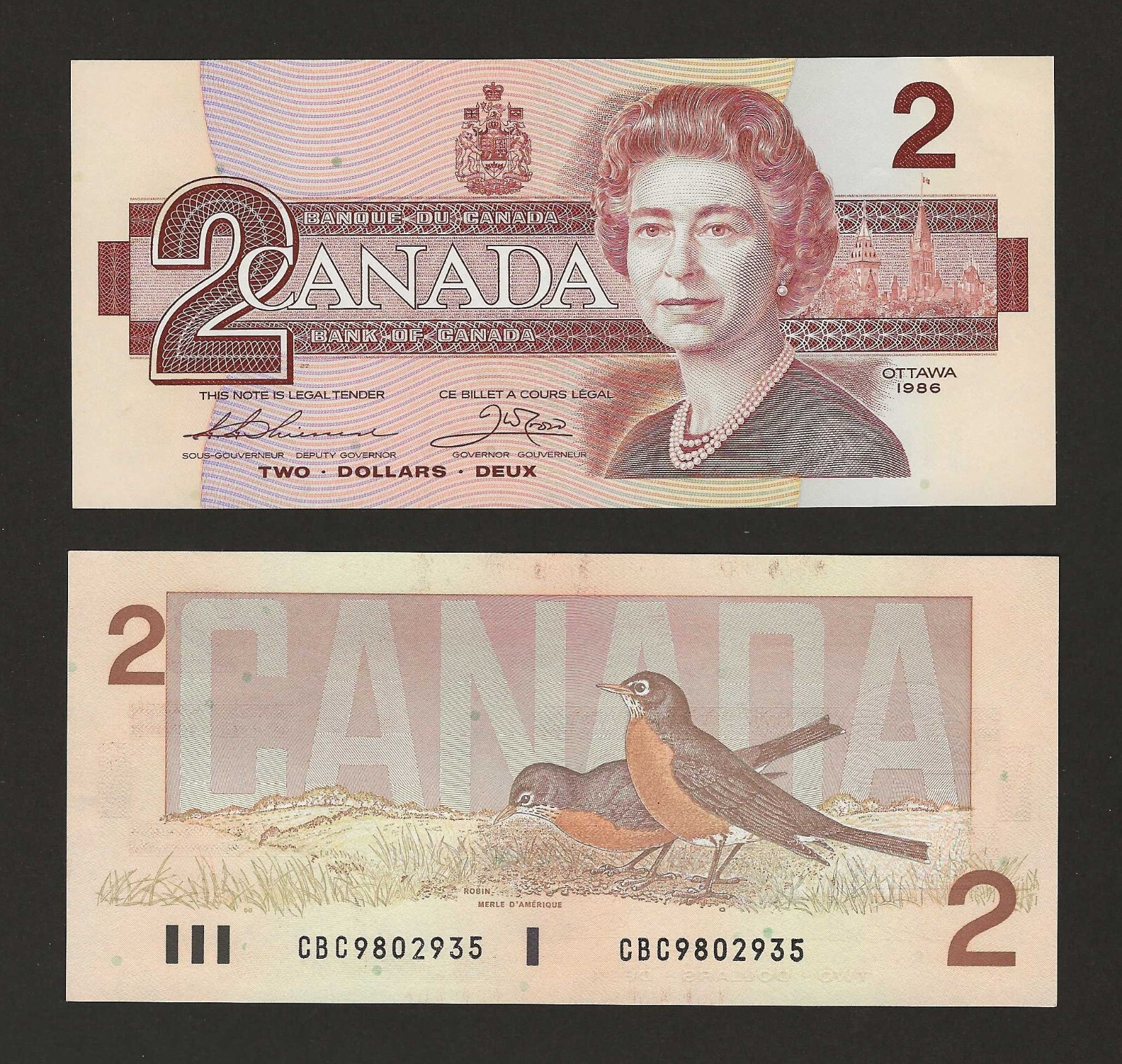 CANADA 2 Dollars 1986, BC-55b, Thiessen + Crow Signatures, Original UNC, QEII.