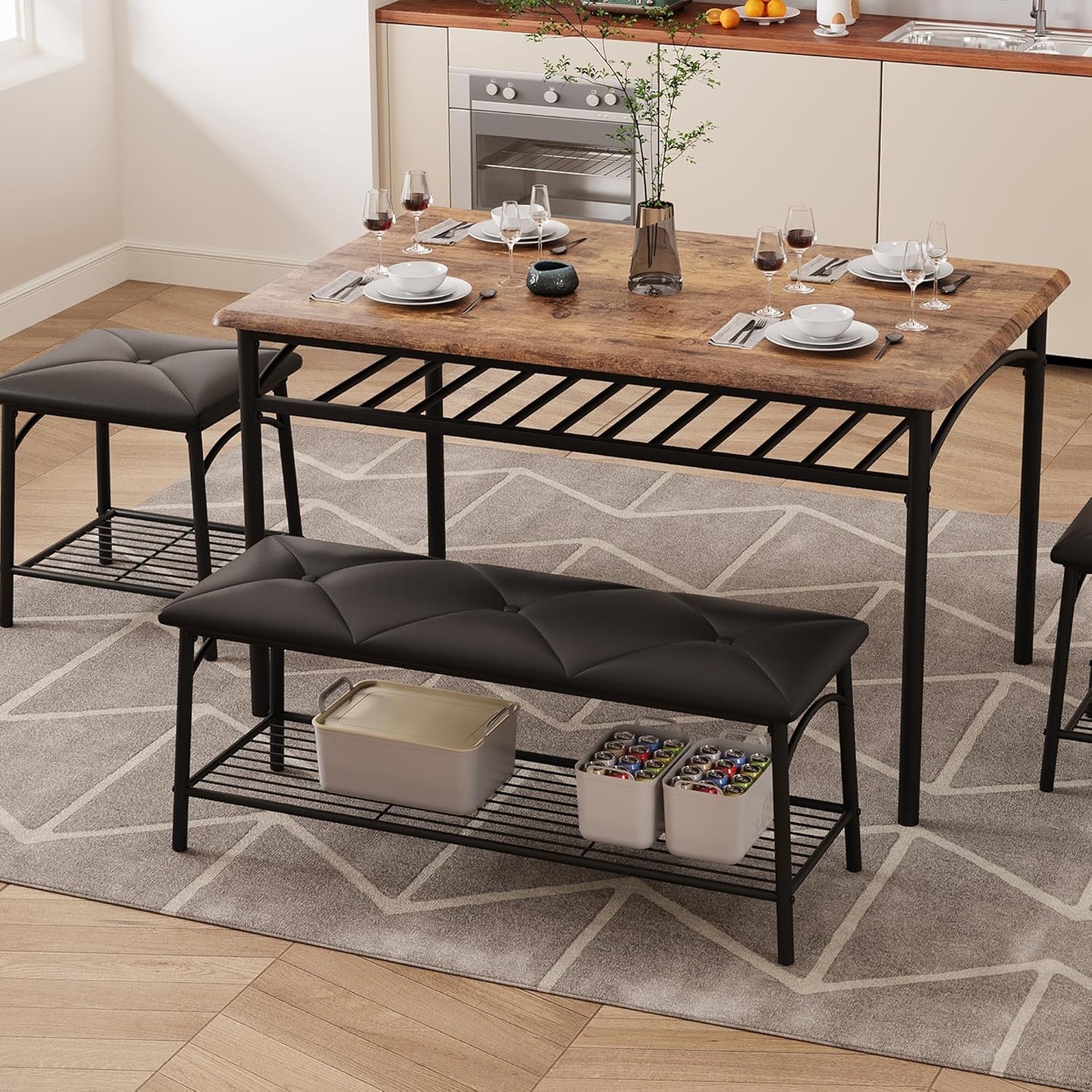 Dining Table Set for 4 with 1 Upholstered Bench and 2 Stools, Kitchen Table Set