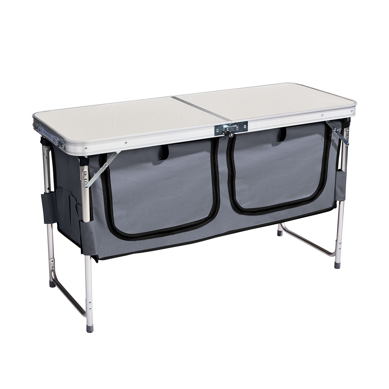 4ft White Folding Camping Table w/ Storage & Adjustable Height, Portable