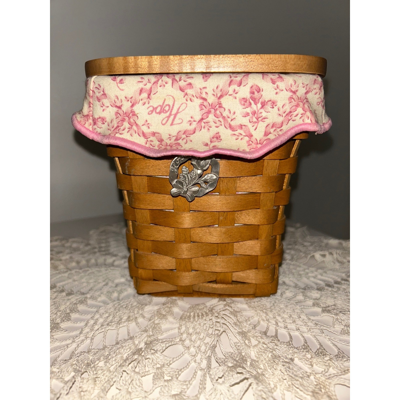 Longaberger 2004 Horizon of Hope Basket Whitewashed Wood Lid Liner Tie-On Set