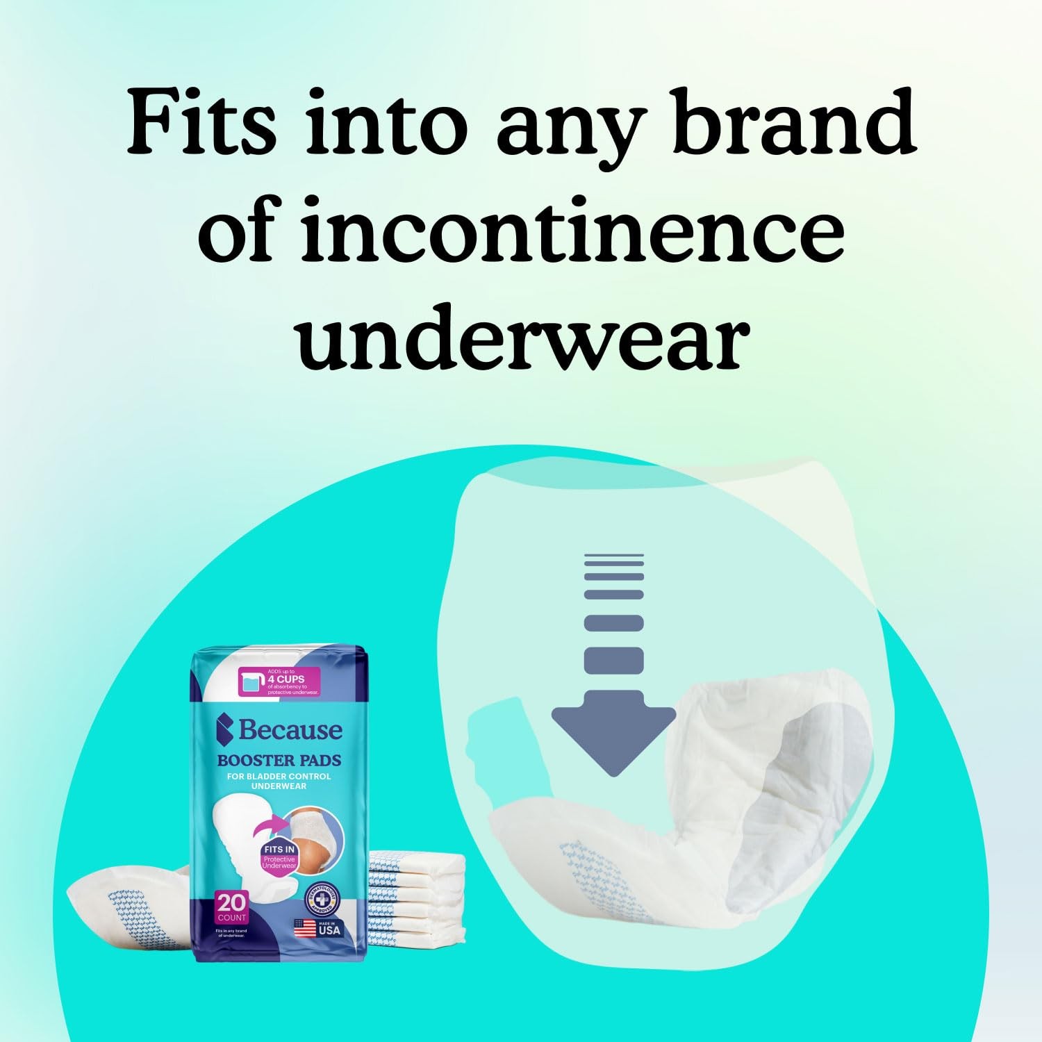Because Overnight Booster Pads Fit All Adult Diapers, Helps 45 Count, White