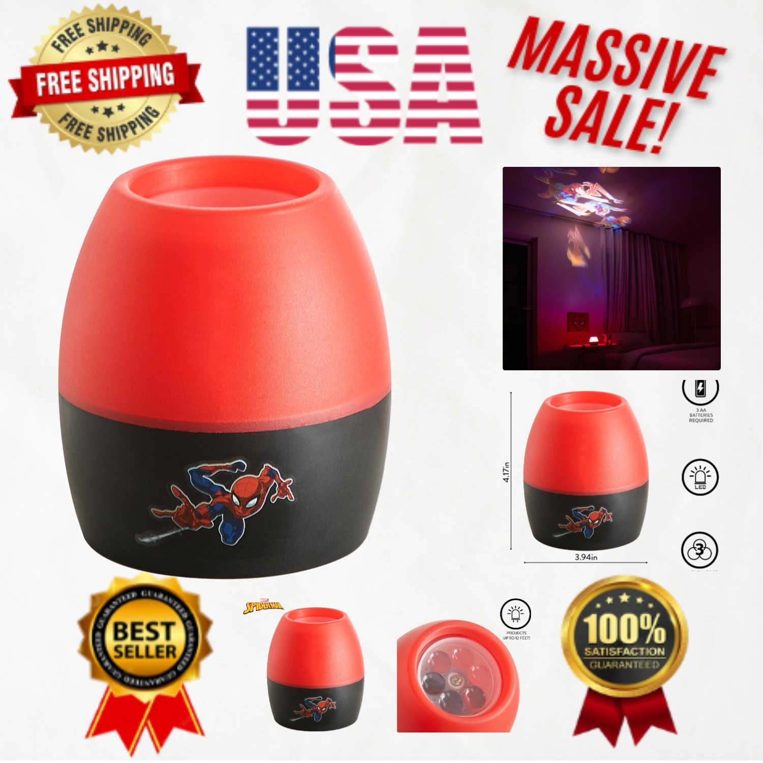 Rechargeable Spiderman Nightlight - 3-in-1 Projector & Touch Lamp for Kids