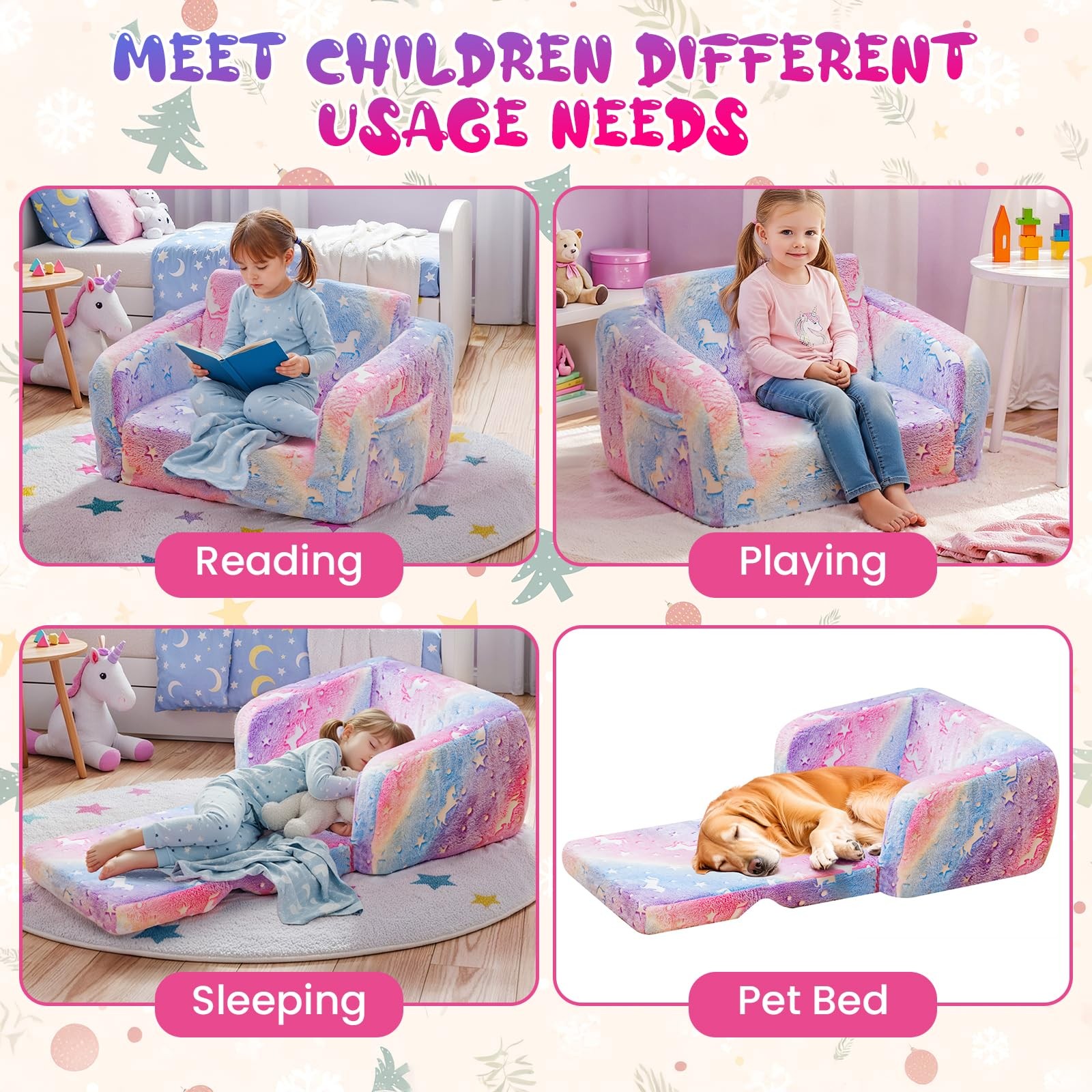 2-in-1 Soft Couch Fold Out,Foldable Chair, Glow in The Dark Sofa for playroom...
