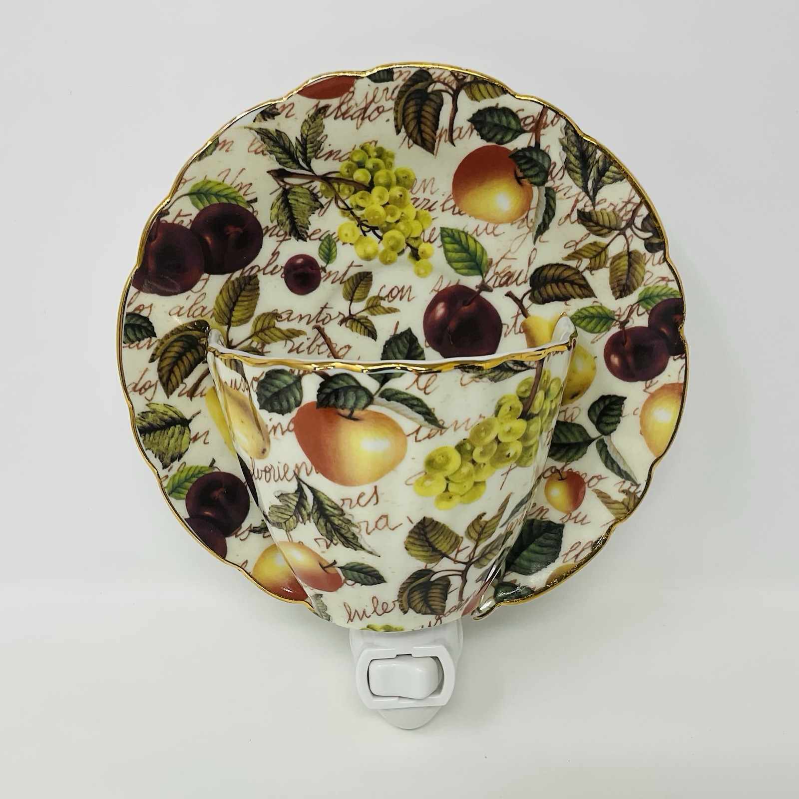 Baum Bros Formalities Night Light Tea Cup & Saucer Fruit Pattern Gold Rim Dining