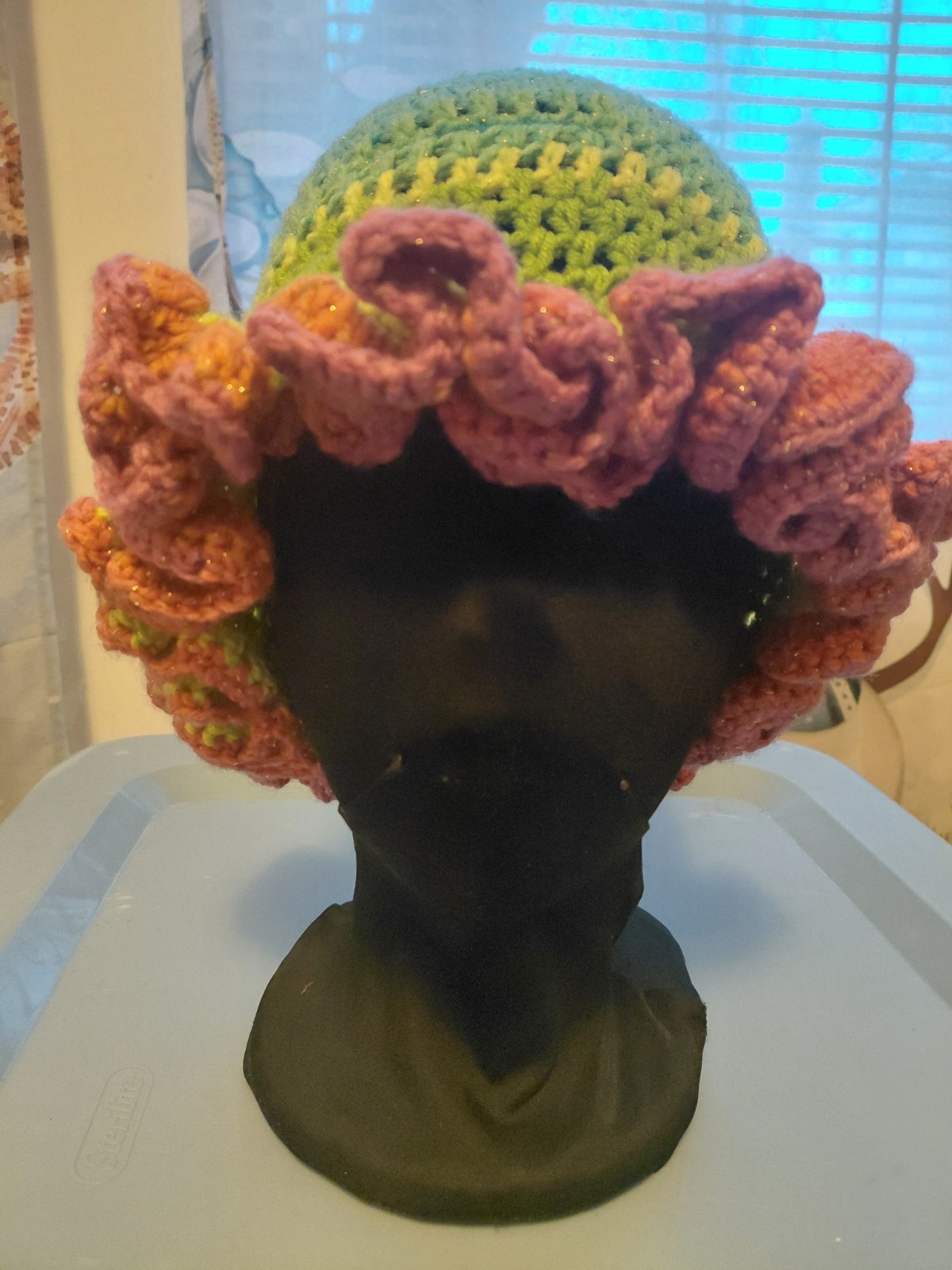 Handmade crochet hat multicolor flower decoration