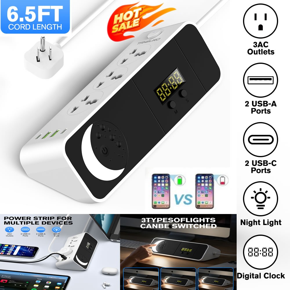 Multi Outlet Power Strip with USB Charger&Switch 6.5FT Extension Cord Flat Plug