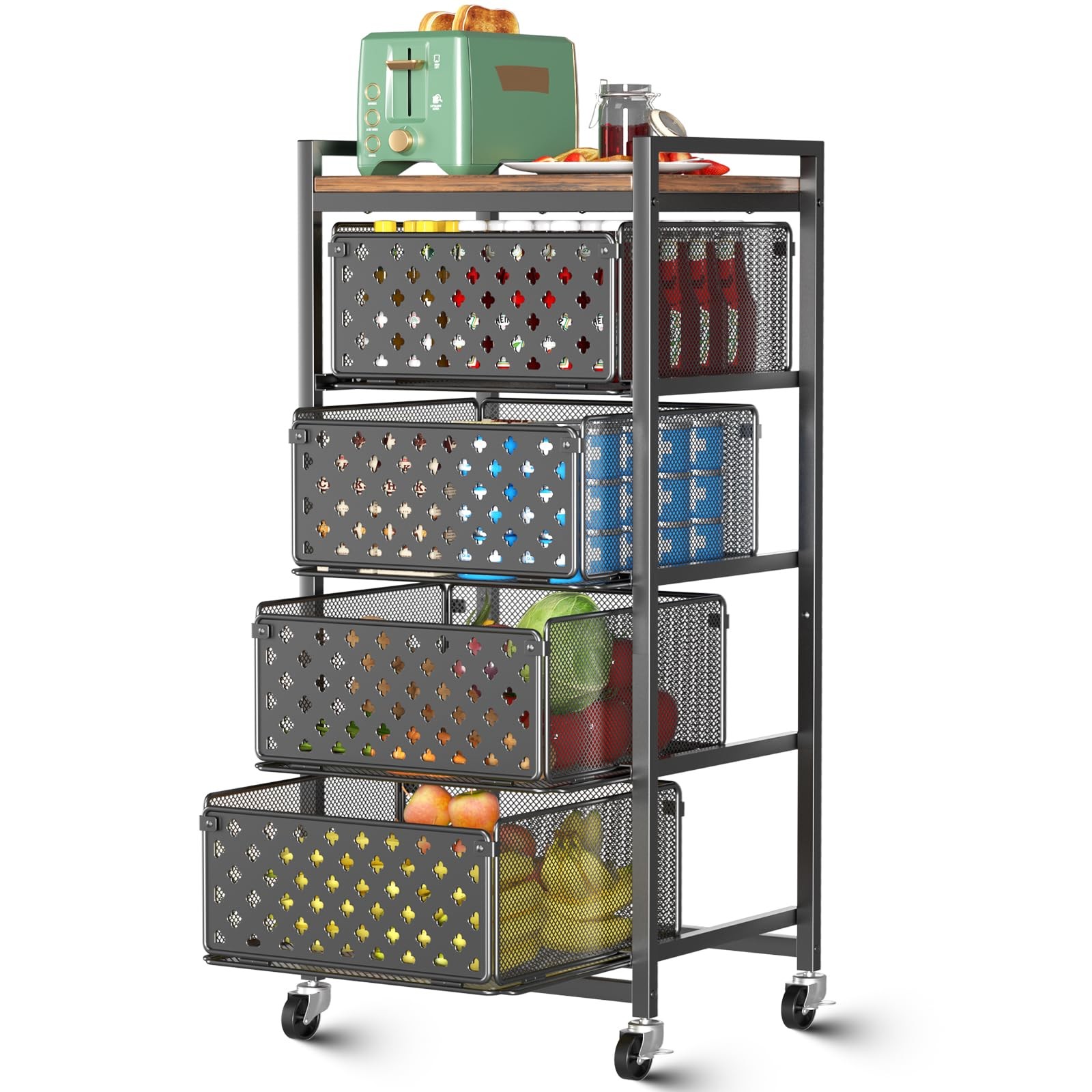5 Tier Kitchen Storage Cart with Wheels, Utility Fruit Vegetable Storage Rack