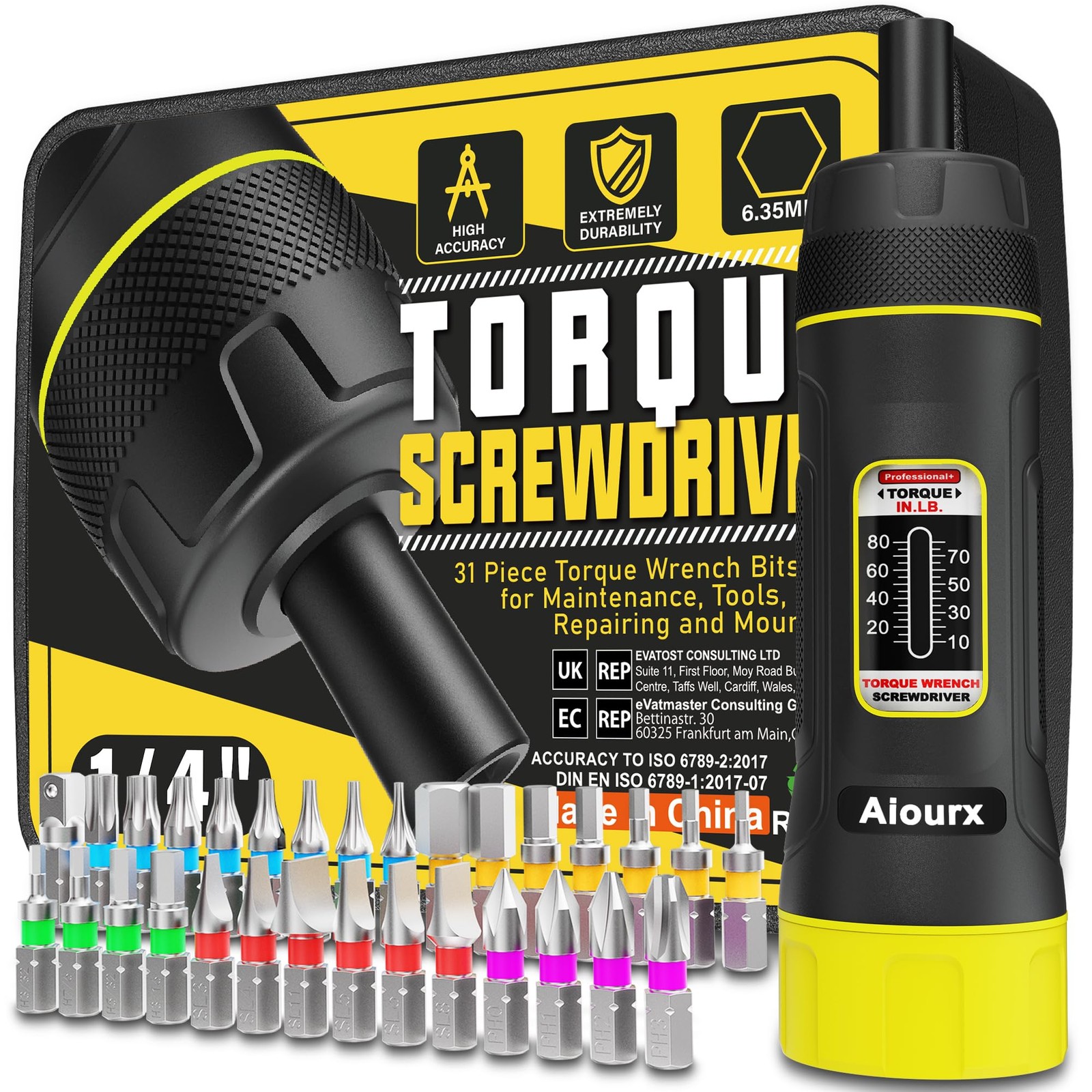 Torque Screwdriver Set, 10-80 Inch Pounds lbs, 31 Piece 1/4" Drive Torque Scr