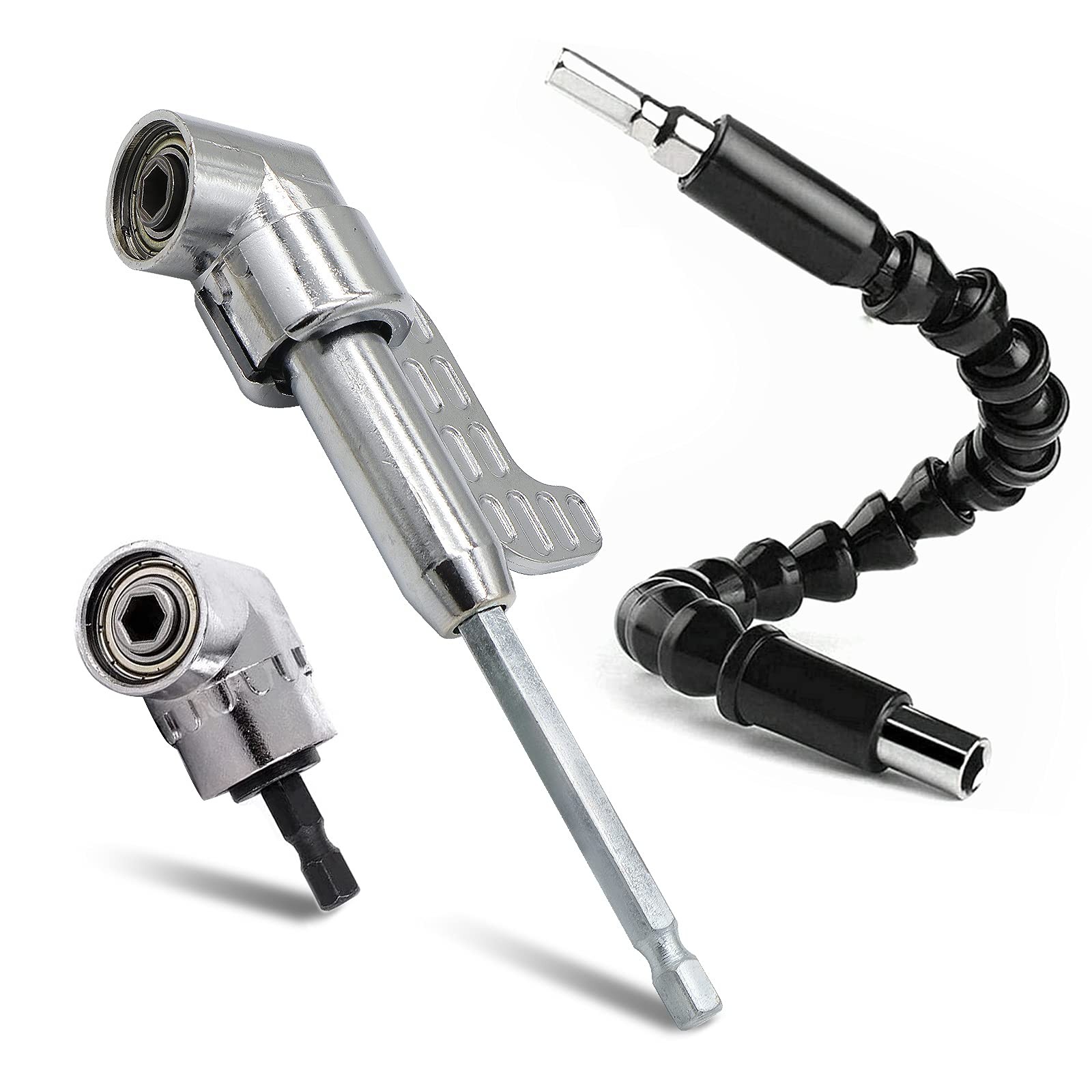 Silver 105 Degree Right Angle Drill Bit Holder, 1/4" Hex Shank Driver and Fle...
