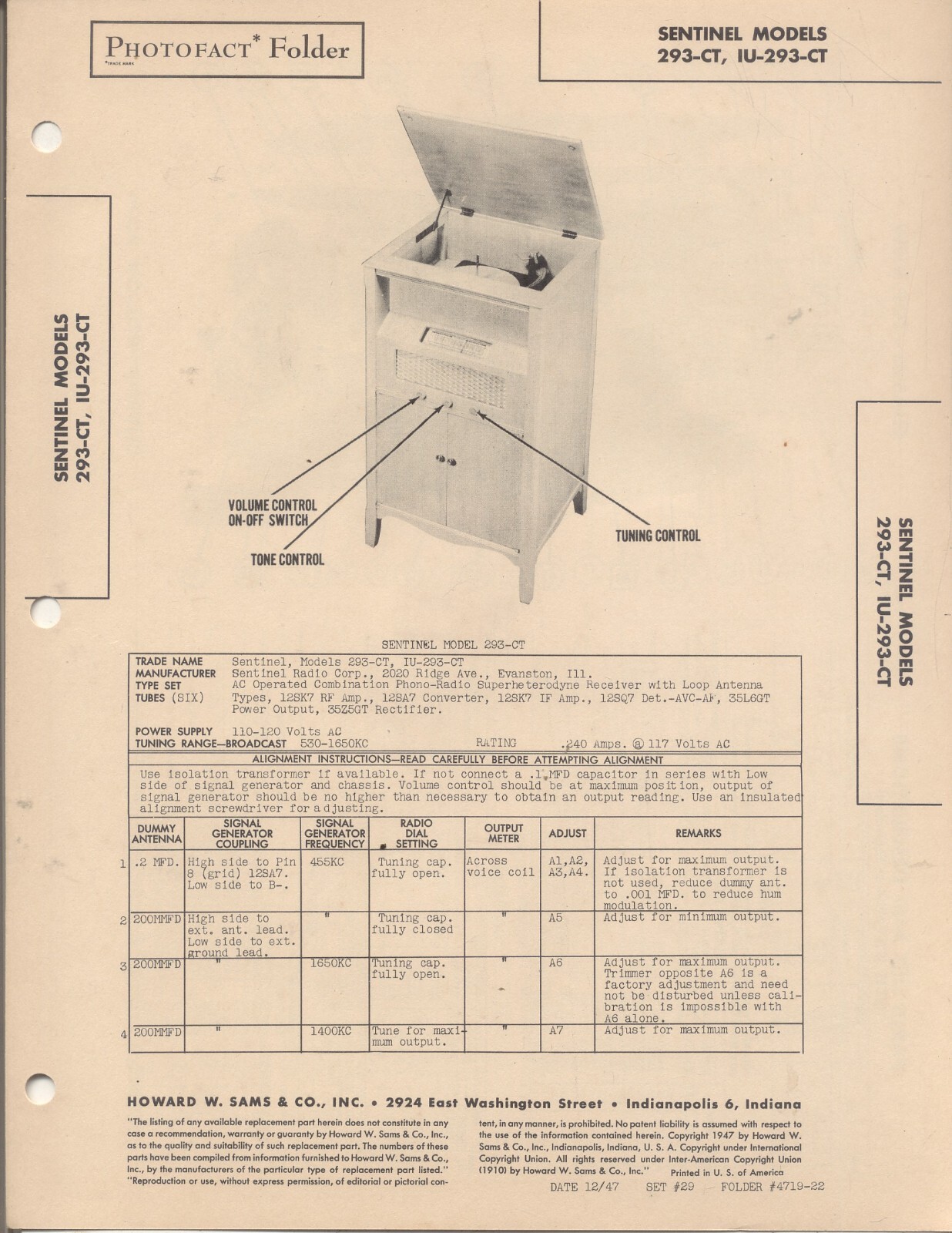 SENTINEL Models 293-CT, IU-293-CT, SAMS Photofact 1947, 4 Pages, NOS