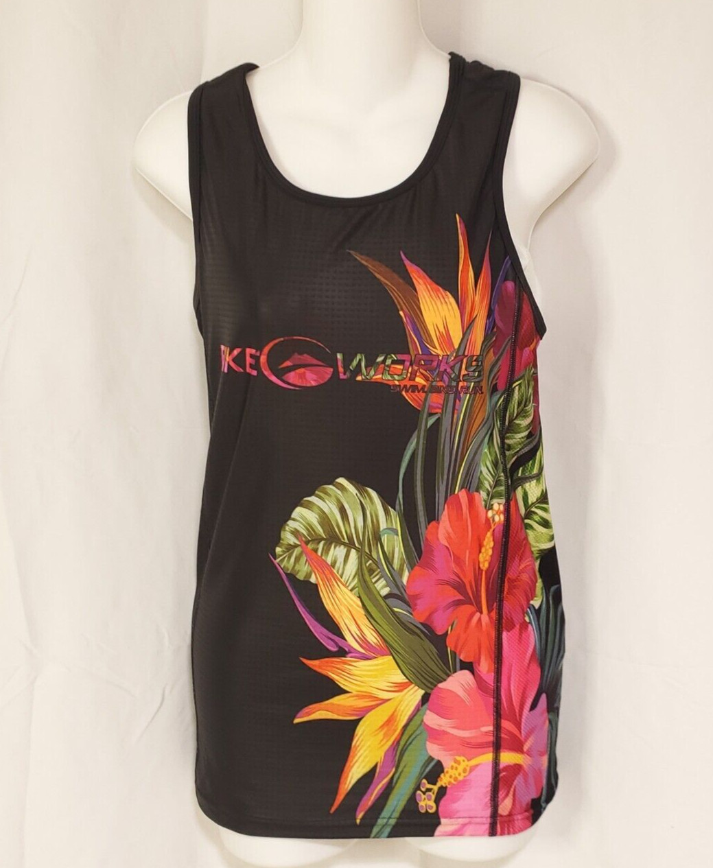 Bikeworks Kona HI Black Floral Tank Top Shirt Womens sz Large swim bike run