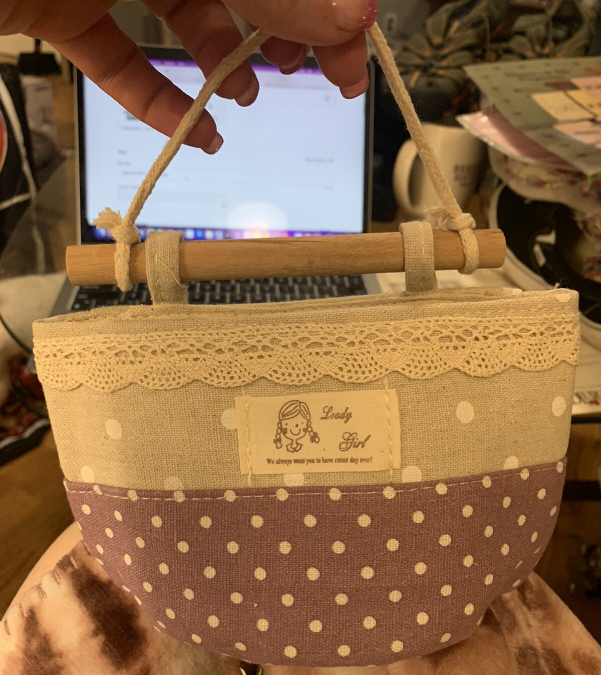 Loady Girl Wall Storage Basket Beige & Lavender with White Dots