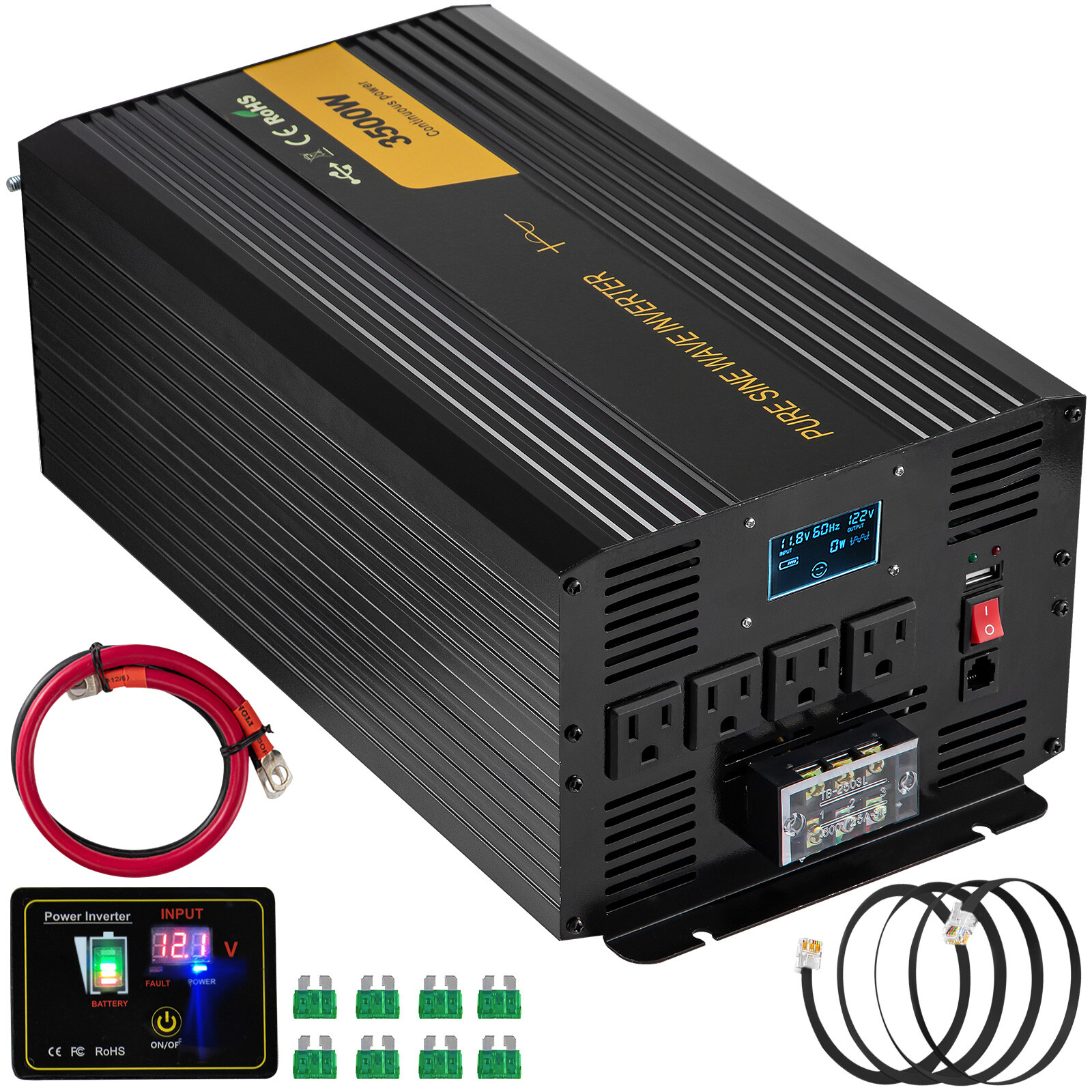 Pure Sine Wave Power Inverter 3500W 7000 Watt 12V DC to 110V 120V AC LCD