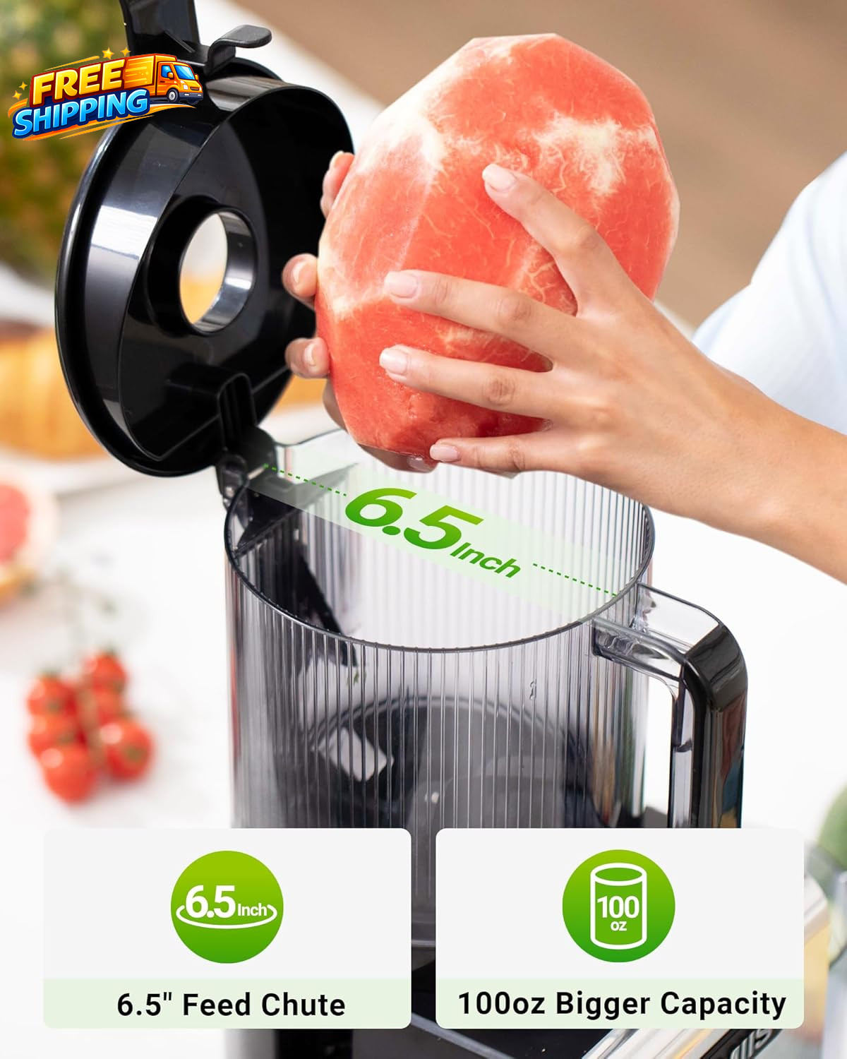 Cold Press Juicer Machine, 6.5" Large Feed Chute Masticating Extractor, Easy to