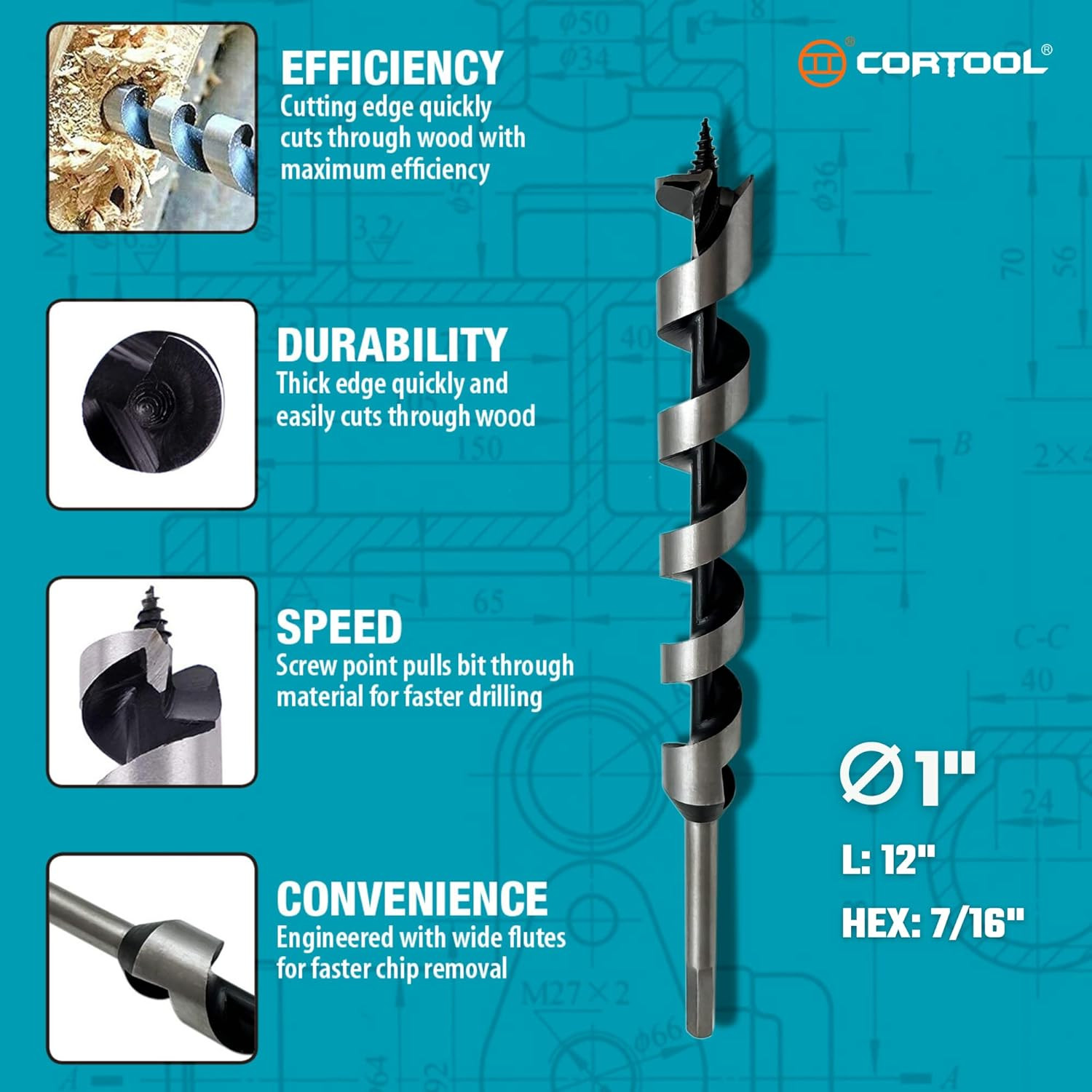 1 x 12 Inch Auger Drill Bit for Wood, Soft and Hard Wood Plastic with...