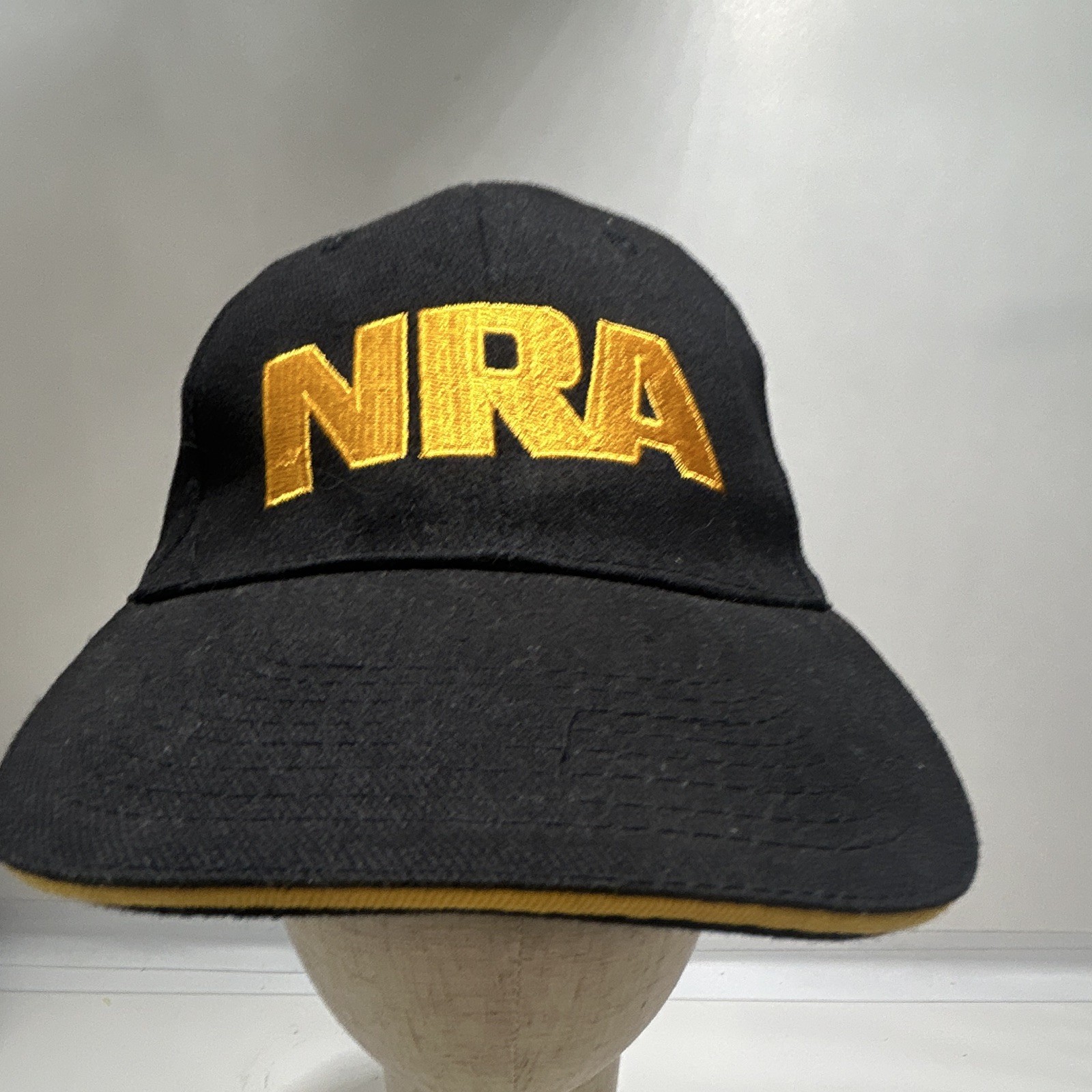 NRA Adjustable Black Cotton Ball Cap Gold Embroidered Logo USA Flag Patch