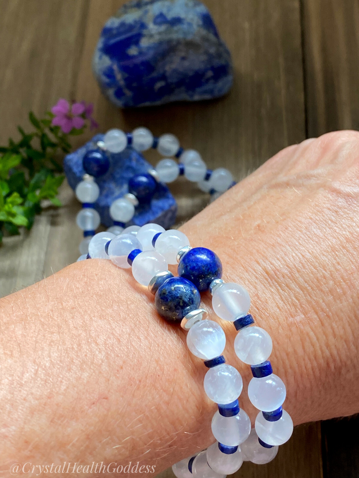 Selenite Lapis Lazuli Bracelet 925 Sterling Silver