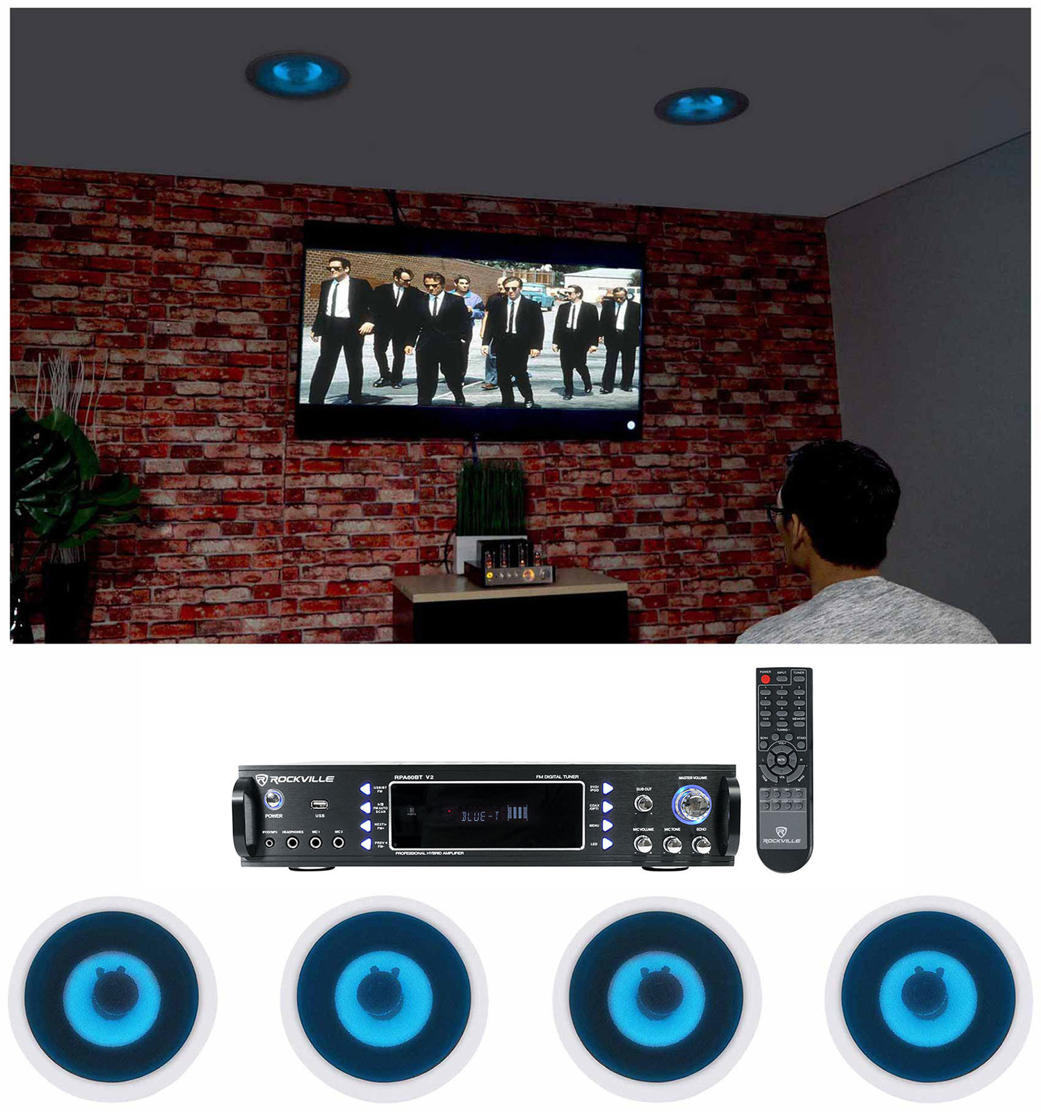 Rockville Home Theater Bluetooth Receiver+(4) In-Ceiling 6.5" Blue LED Speakers