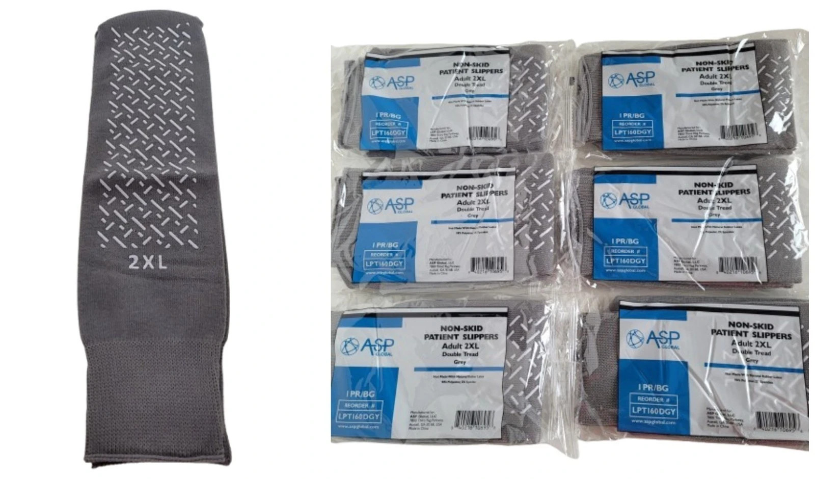 6 Pairs ASP Non-Skid Double Tread Patient Slipper Socks ADULT 2XL Grey 6 PACK
