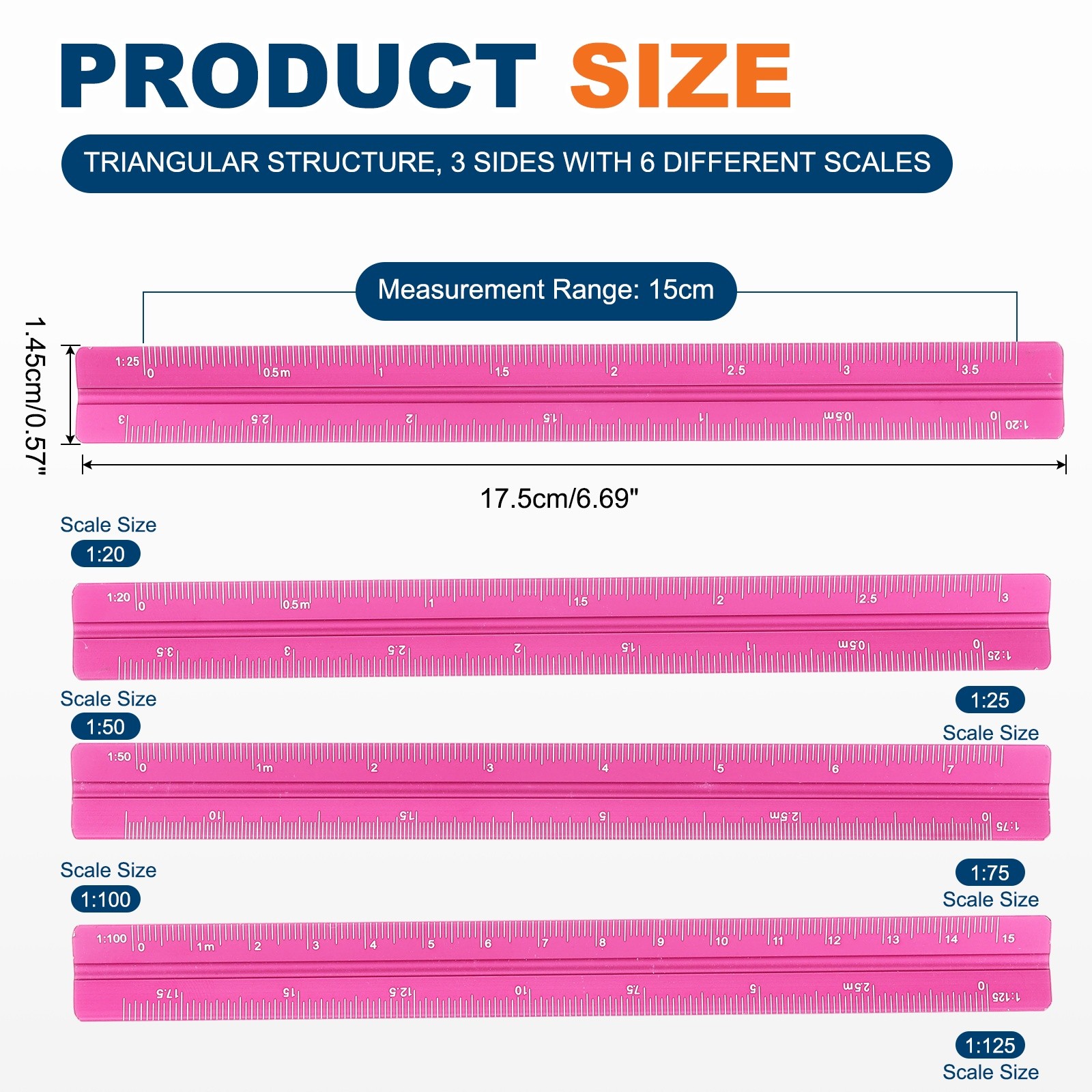 7 Inch Metric Architectural Triangular Scale Ruler Small Scale, Rose Red