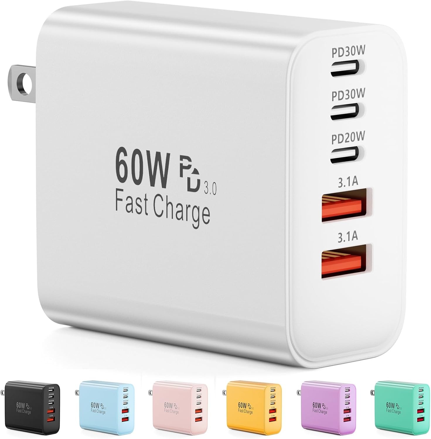 USB C Charger Block, 60W 5-Port Type C Charger Fast Charging Block, USBC USB Mul