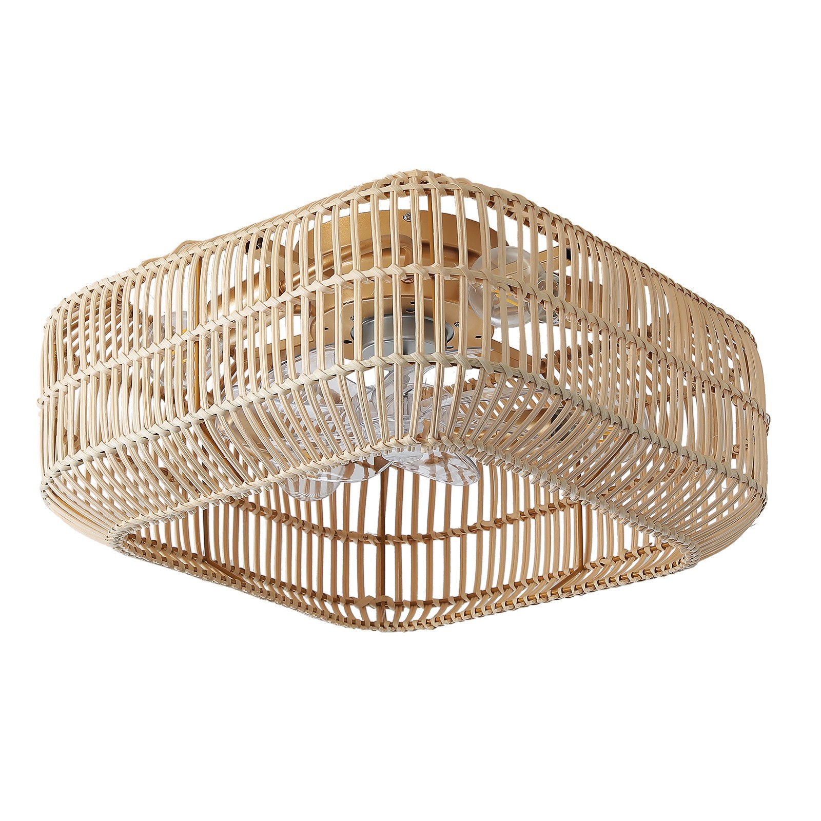 20" Boho Ceiling Fan with Light, Rattan Caged Flush Mount Ceiling Fan