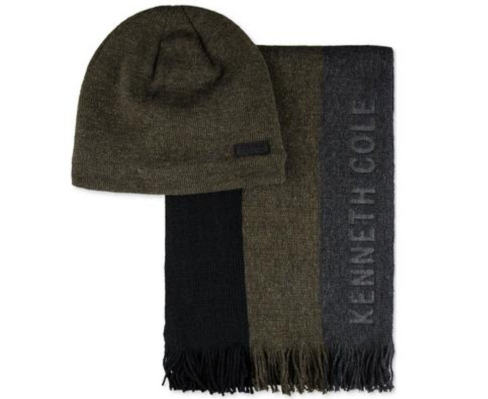 Kenneth Cole Striped Scarf with Sherpa-Lined Beanie Set Olive