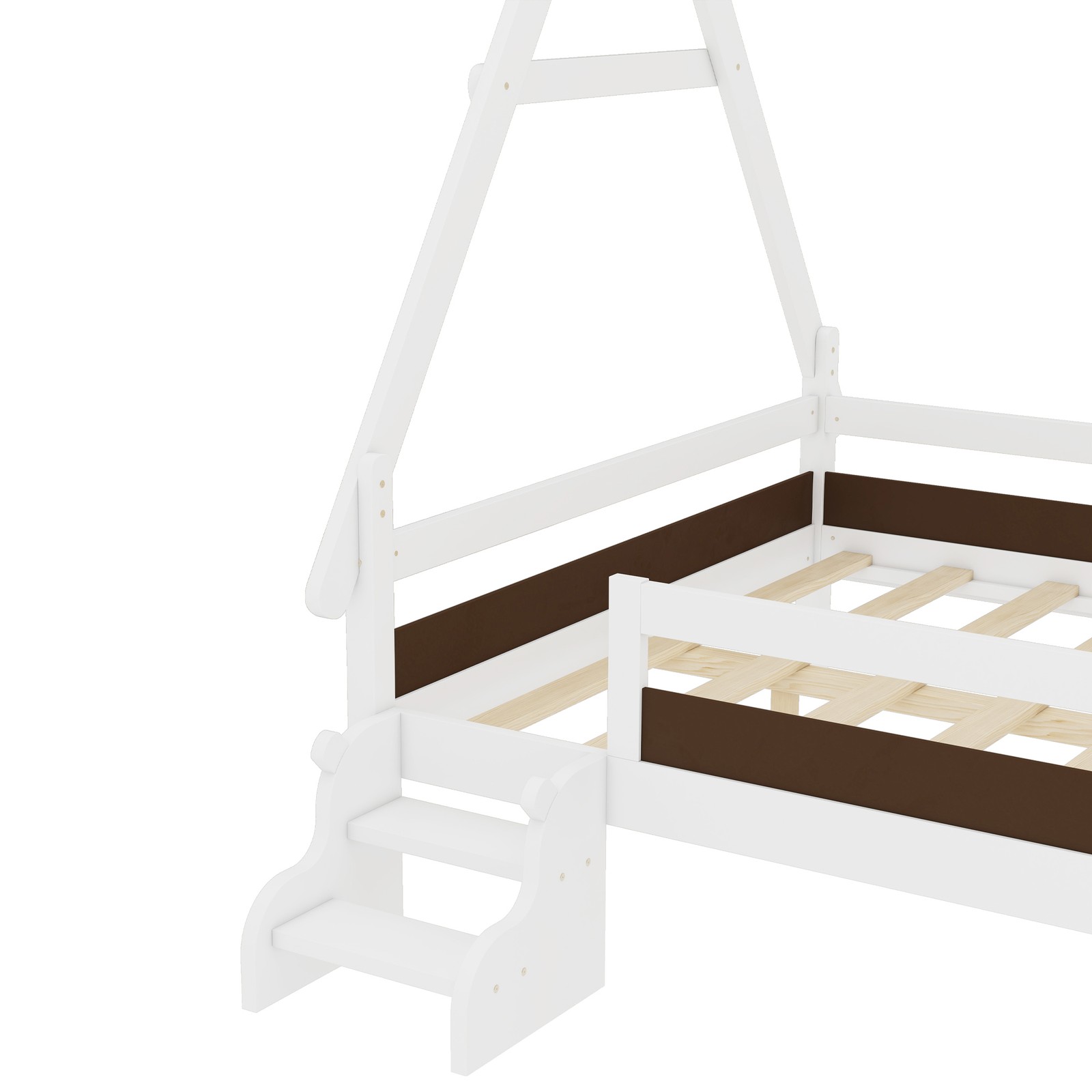 Full House Platform Bed with Stairs, Solid Wood Frame, White