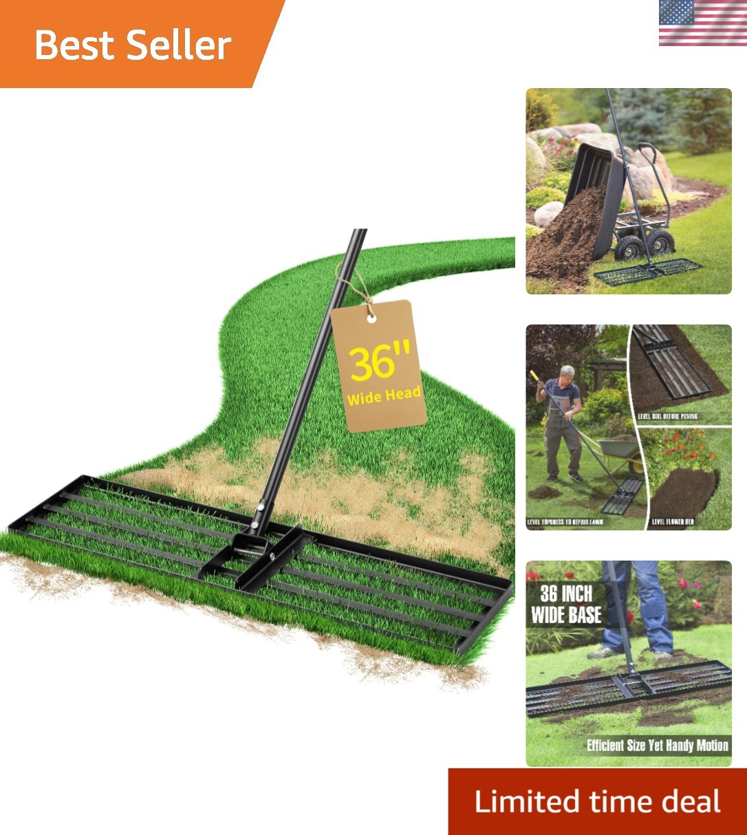 Versatile 36" Lawn Leveling Rake with 72" Handle - Perfect for All Grass Types