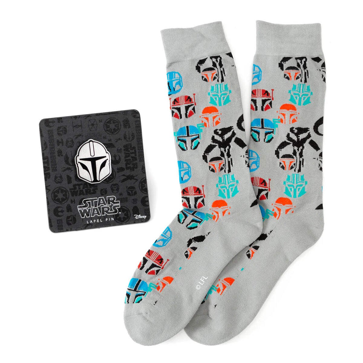 Star Wars Mandalorian and Mythosaur Multicolored Gray Dress Socks and Lapel Pin