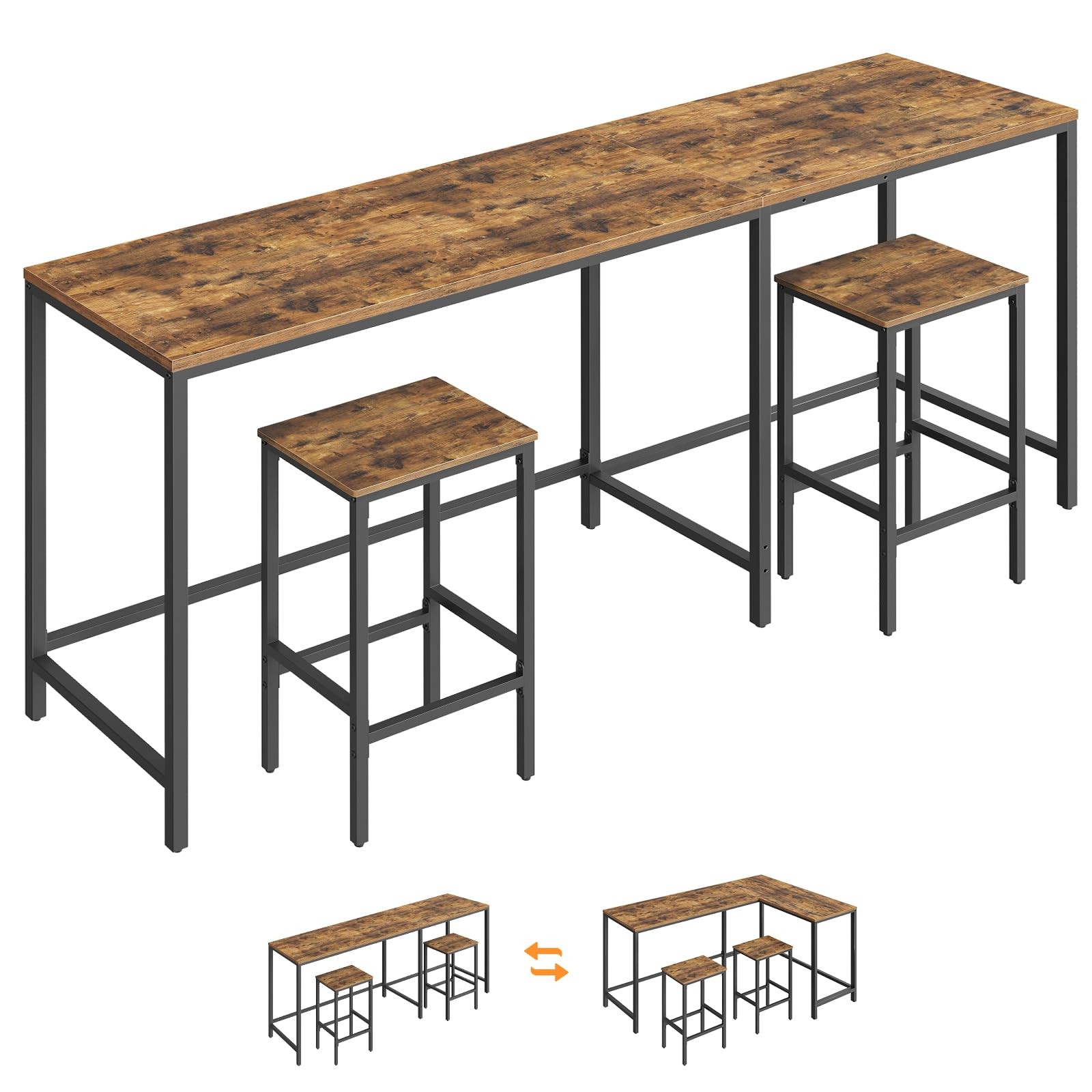 78.7" Bar Table and Chairs Set, L-Shaped Bar Height Table and 2 Chairs, Conve...