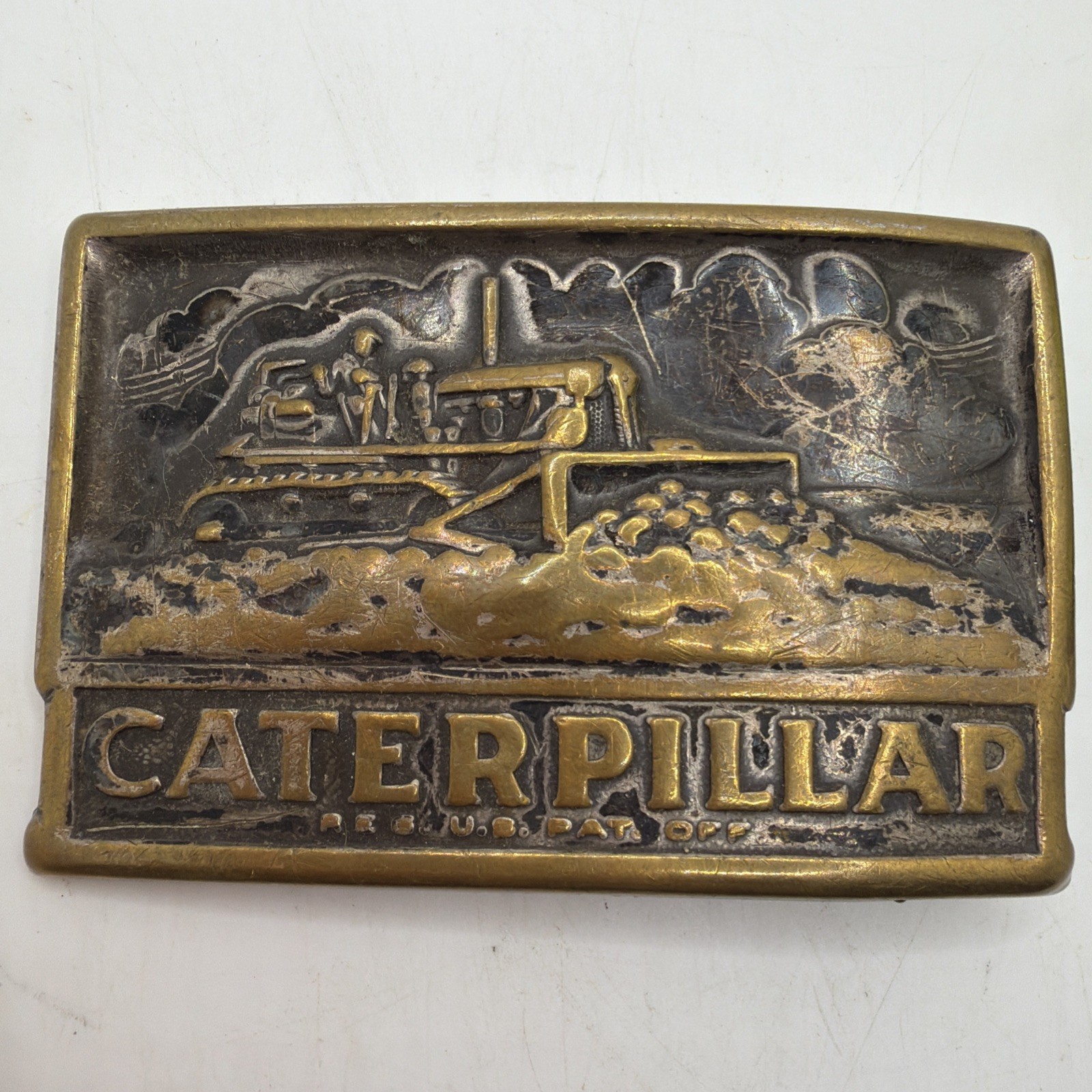 Vintage Caterpillar CAT Brass Belt Buckle Bulldozer Heavy Equipment