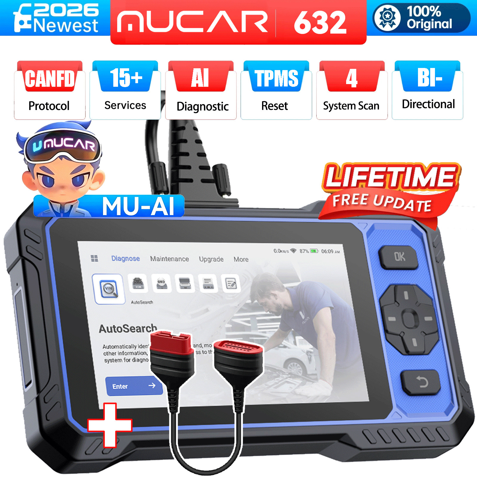 Mucar 632 OBD2 Scanner Car Bidirectional Diagnostic Tool CANFD 15+Services FREE