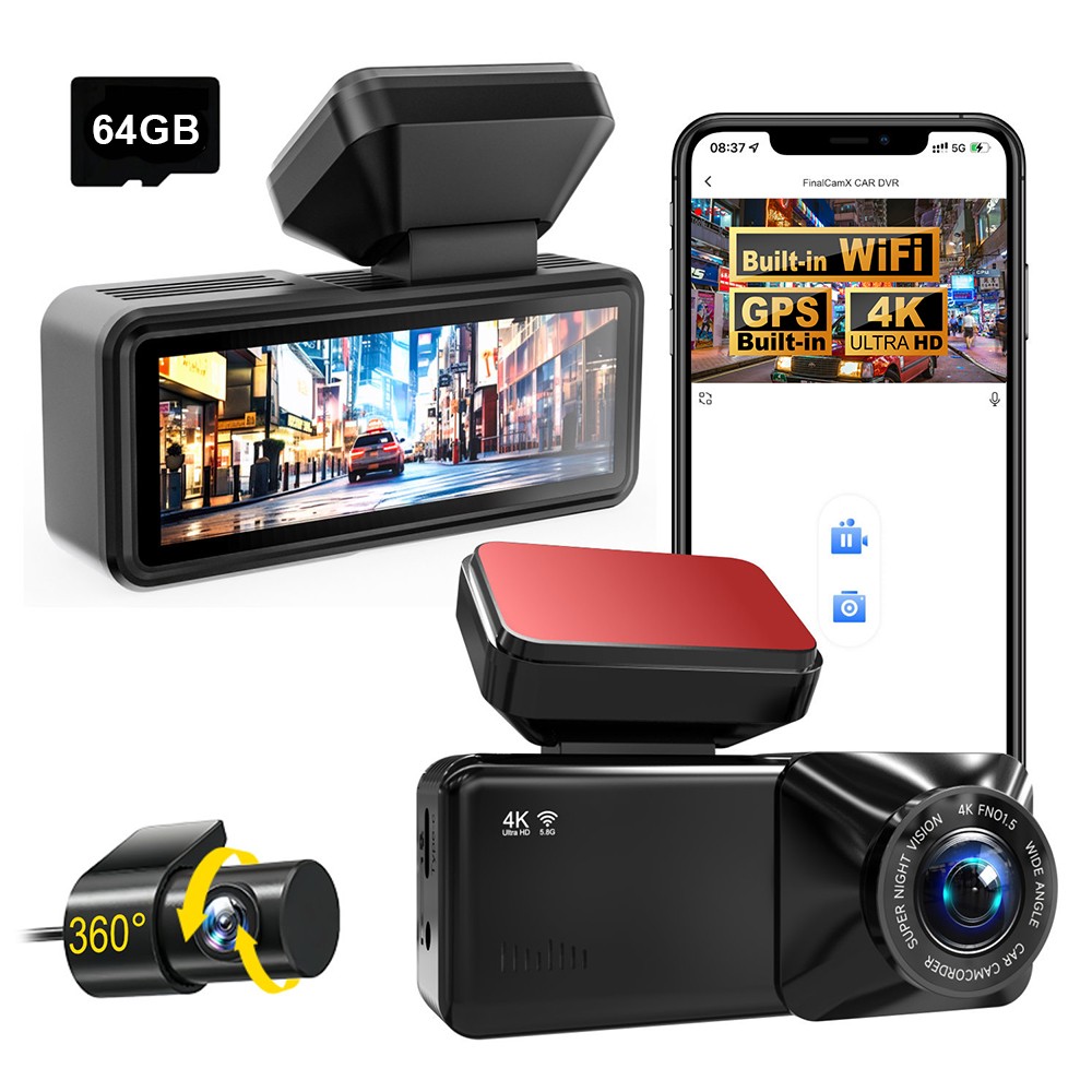 Dash Cam 4K Front and Rear WIFI&GPS Dual Dash Camera With 64GB SD Card