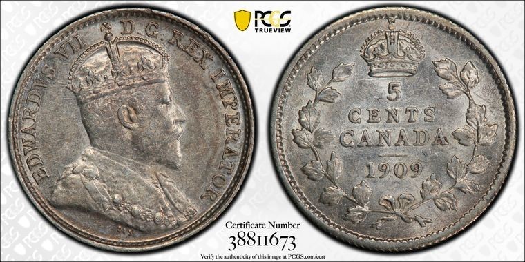 1909 Canada 5 Cents PCGS AU55 Lot#G1991 Silver! Round Leaves, Bow Tie