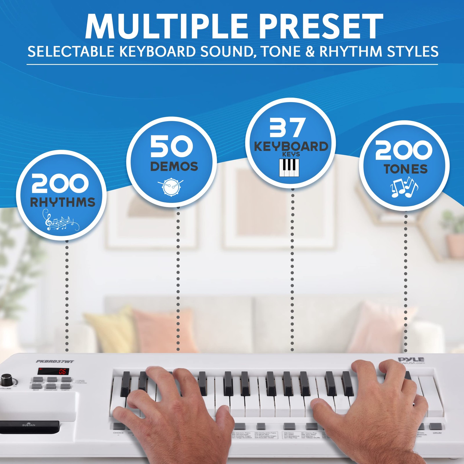 PYLE Electric Piano, 37 Keys Keyboard 200 Rhythms, White