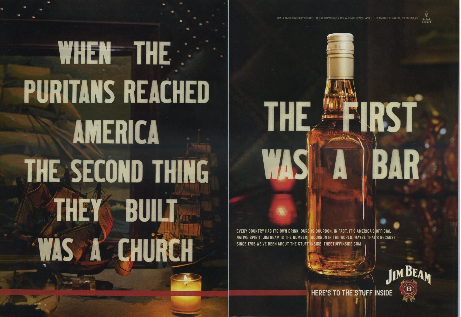 2008 Vintage Magazine 2 Page Ad Jim Beam the Puritans Built a Bar & Church