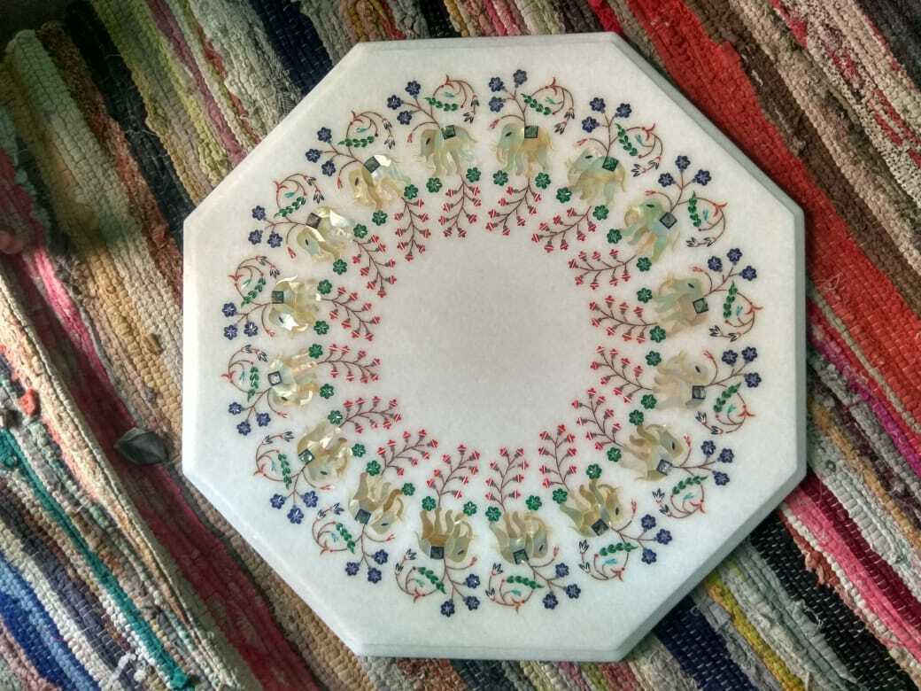 18" white Marble Table Top Inlay art Pietra dura lapis inlay work Home Decor oyf