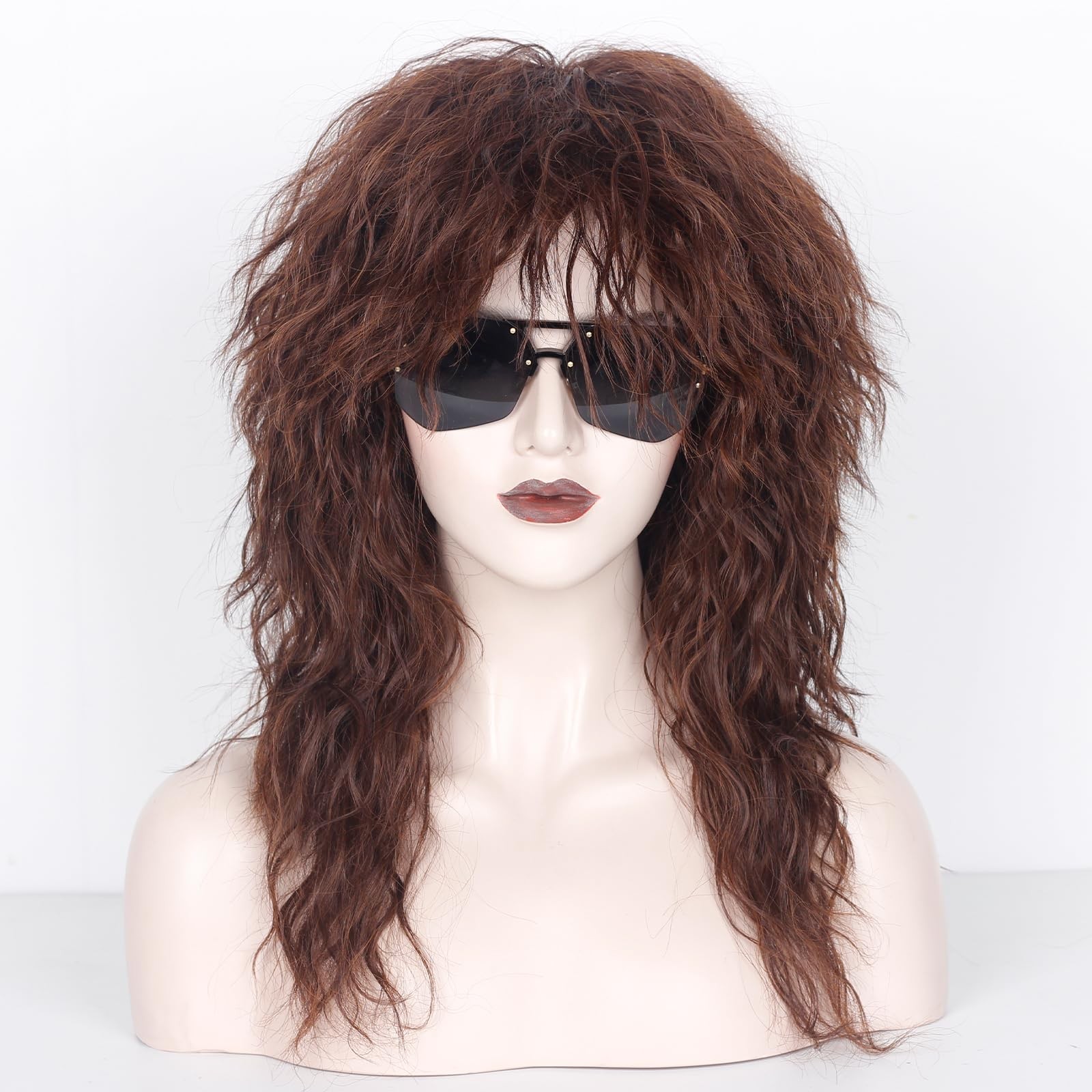 WeKen 80s Costumes for Men and Women Long Curly Rock Brown Mullet