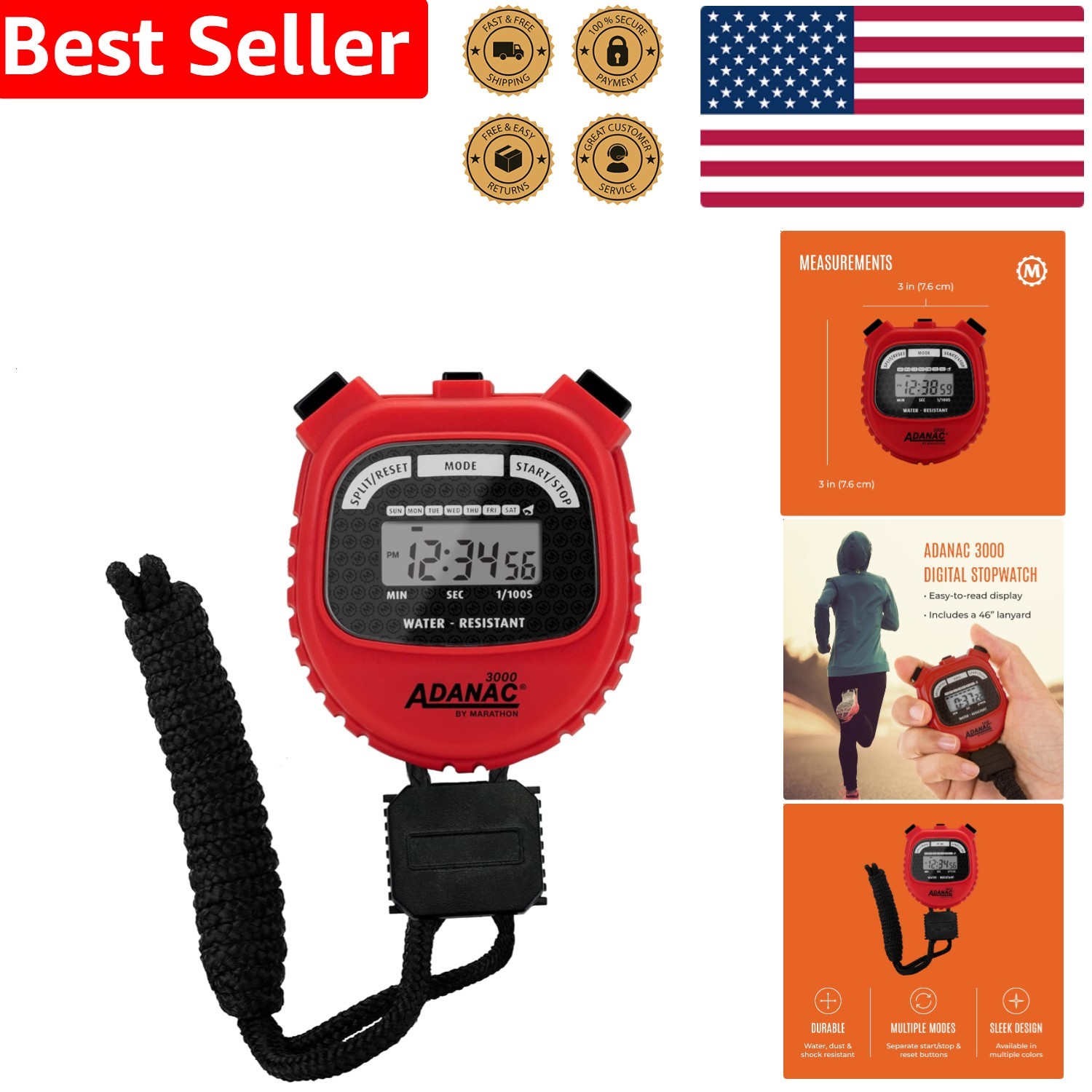 Adanac 3000 Digital Stopwatch Timer Red 1/100 Sec Accurate Water Shock Resistant