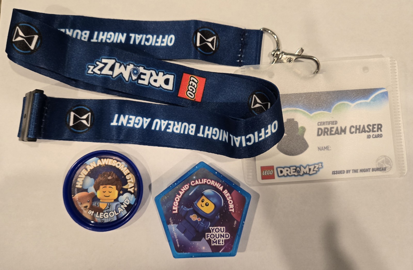Blue Space Baby Scratch N Sniff Legoland California Pop Badge, Dreamzzz lanyard