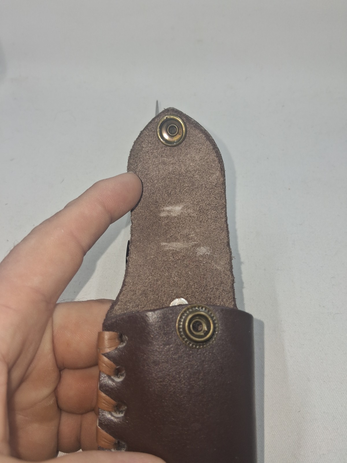 Vintage Stauer Damascus Curved Handle Folding Knife w/ Leather Case Liner