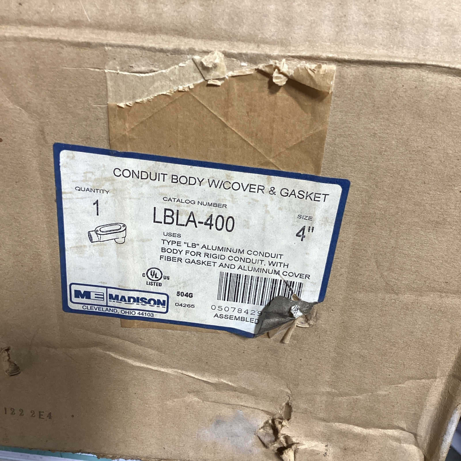 MADISON ELECTRIC LBLA-400 / LBLA400 4” Type “LB” Aluminum Conduit Body
