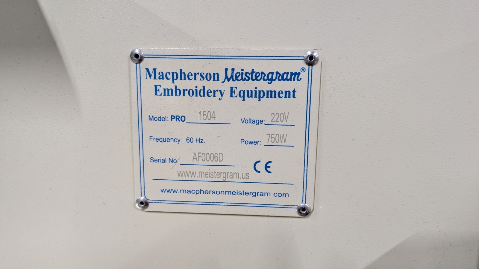 Macpherson Meistergram PRO1504 embroidery Machine